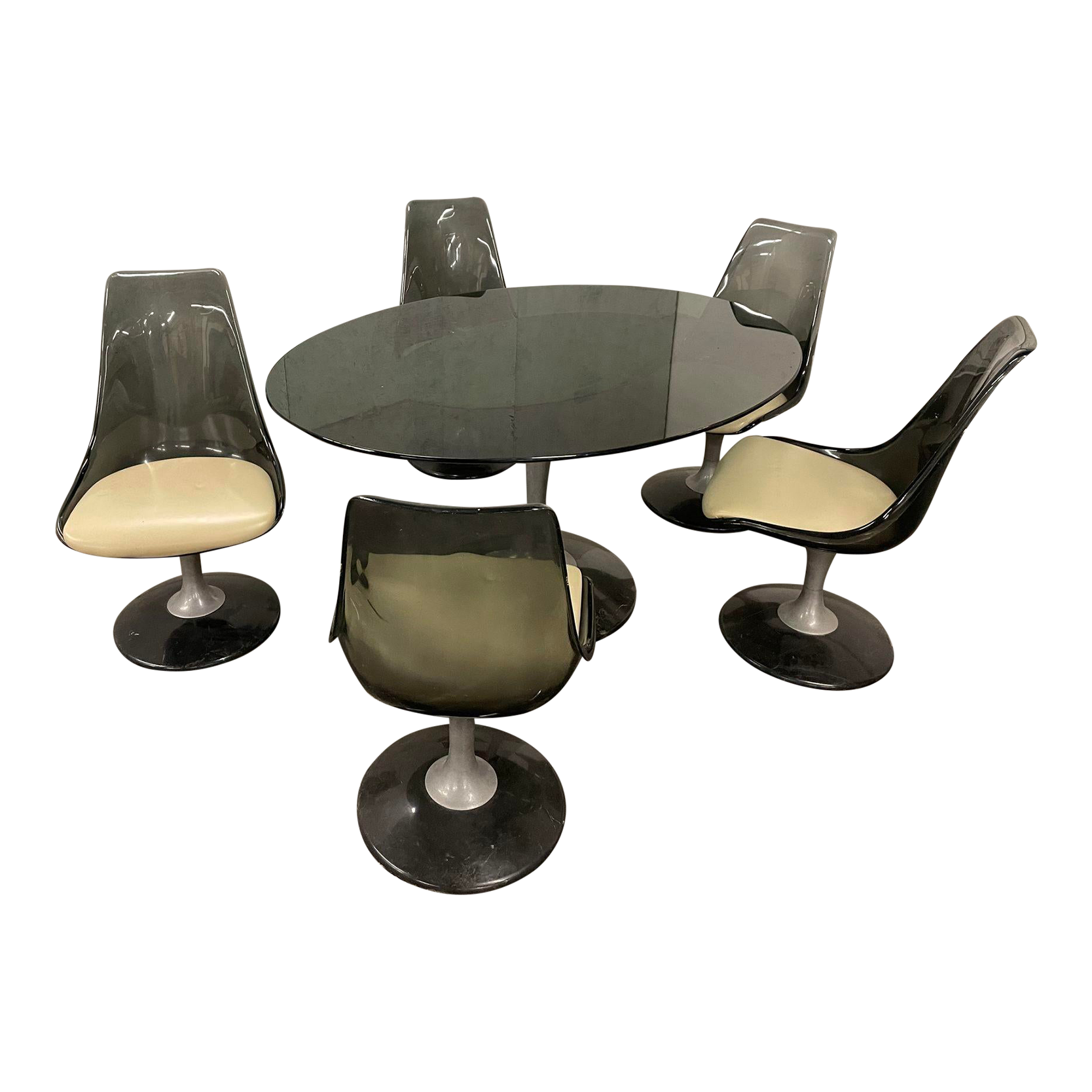 1970s Mid Century Modern Chromcraft Attributed Tulip Oval Dining Set With Smoked Glass Table Top
