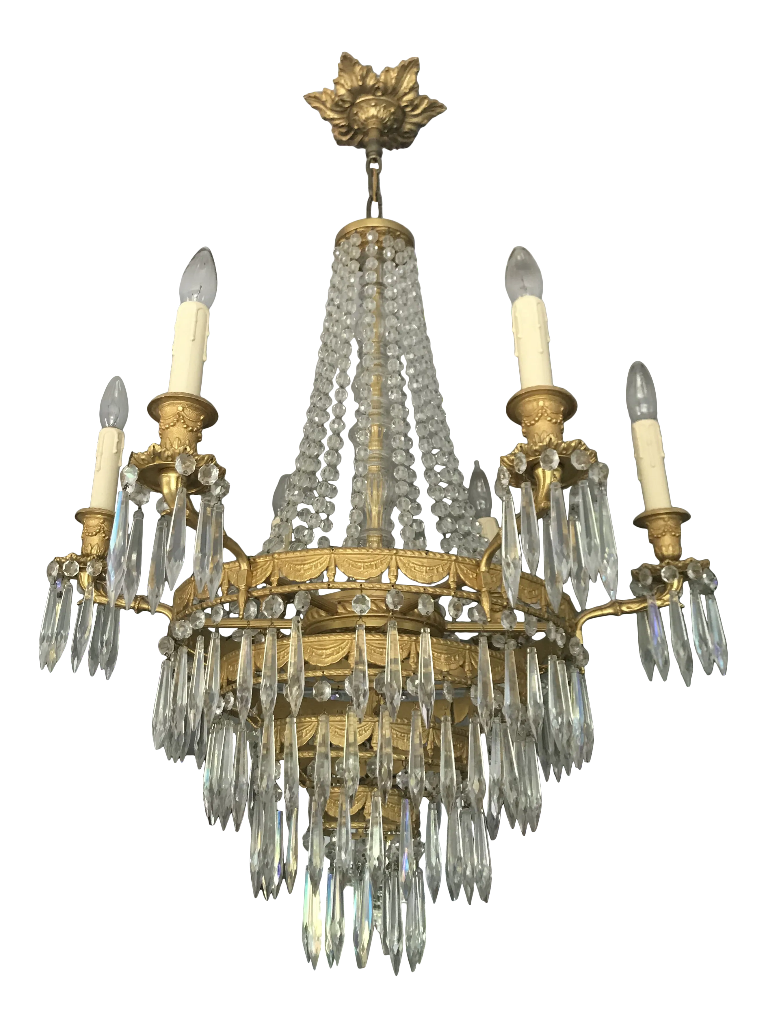 1920s French Bronze Dore & Crystal Chandelier