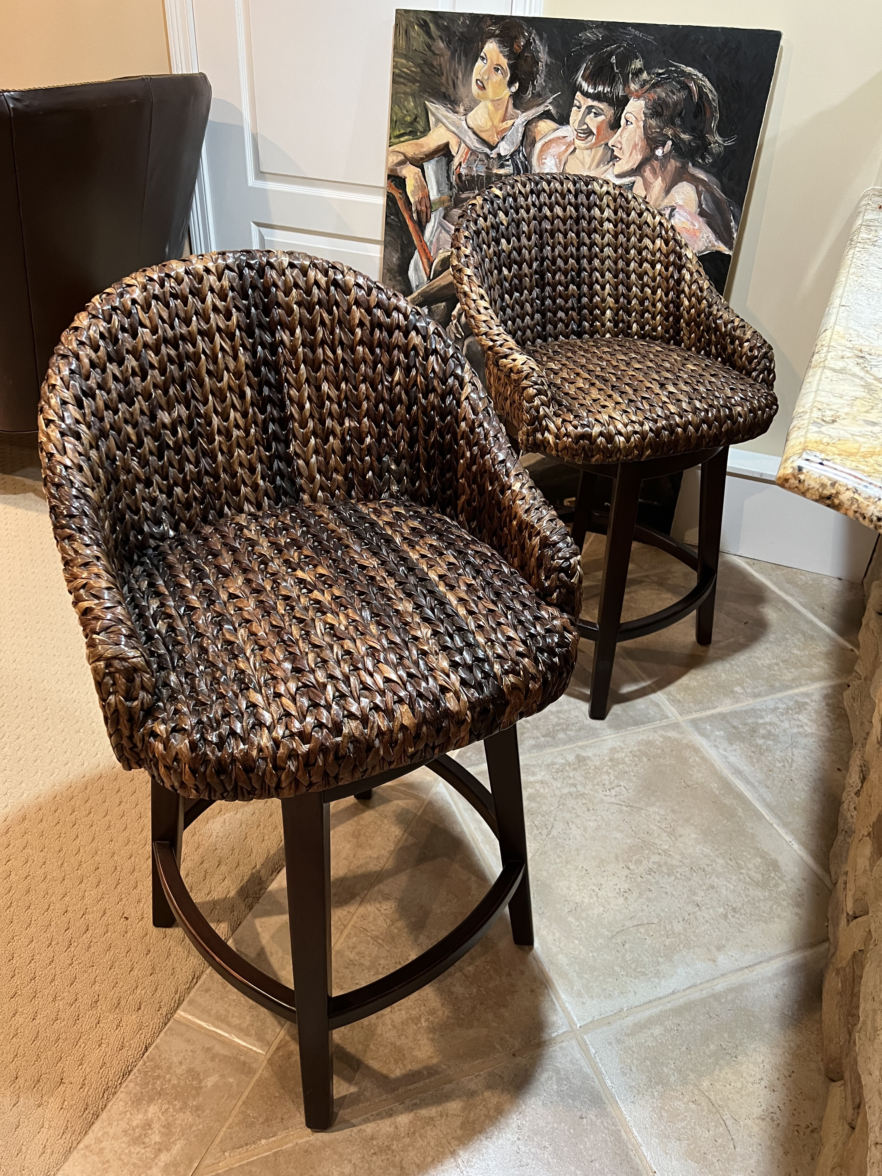2000s Pottery Barn Seagrass Swivel Bucket Barstools Chairs- a Pair