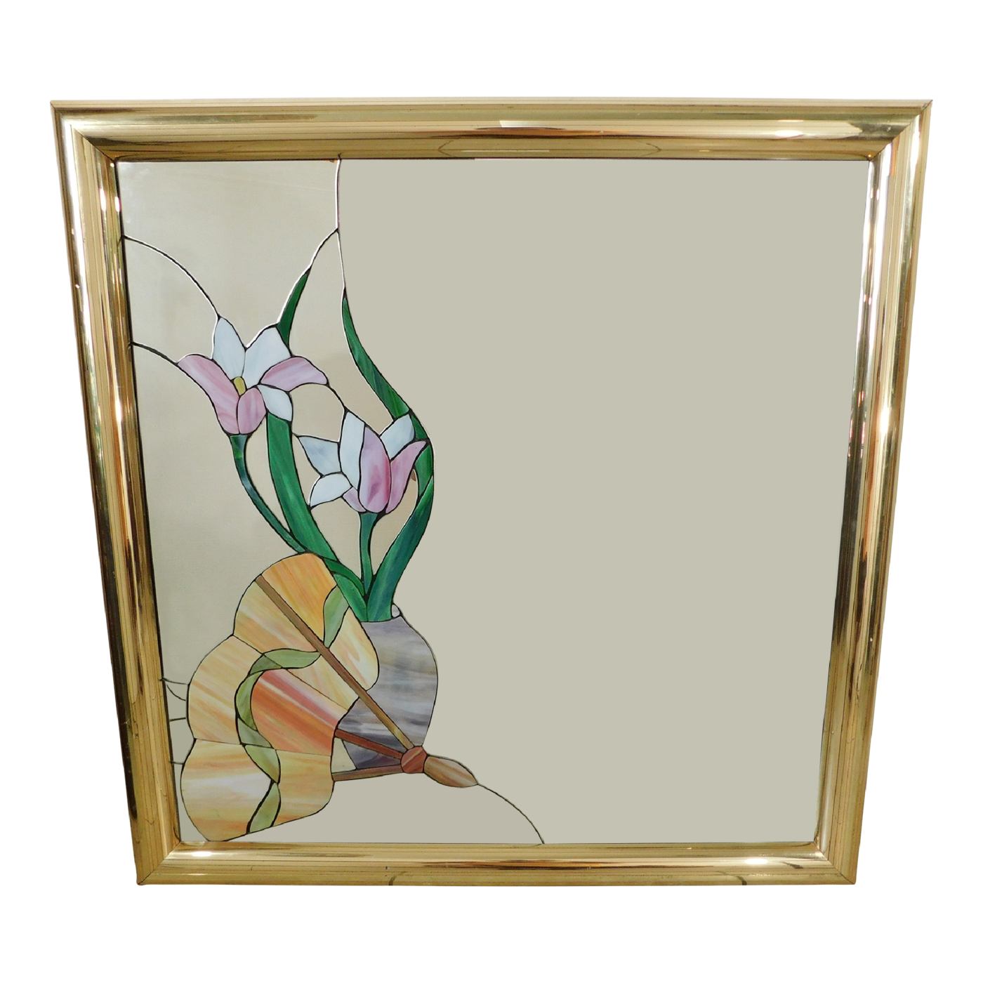 Large Vintage 1970s Stained Glass Floral Wall Mirror Gold Frame Chairish