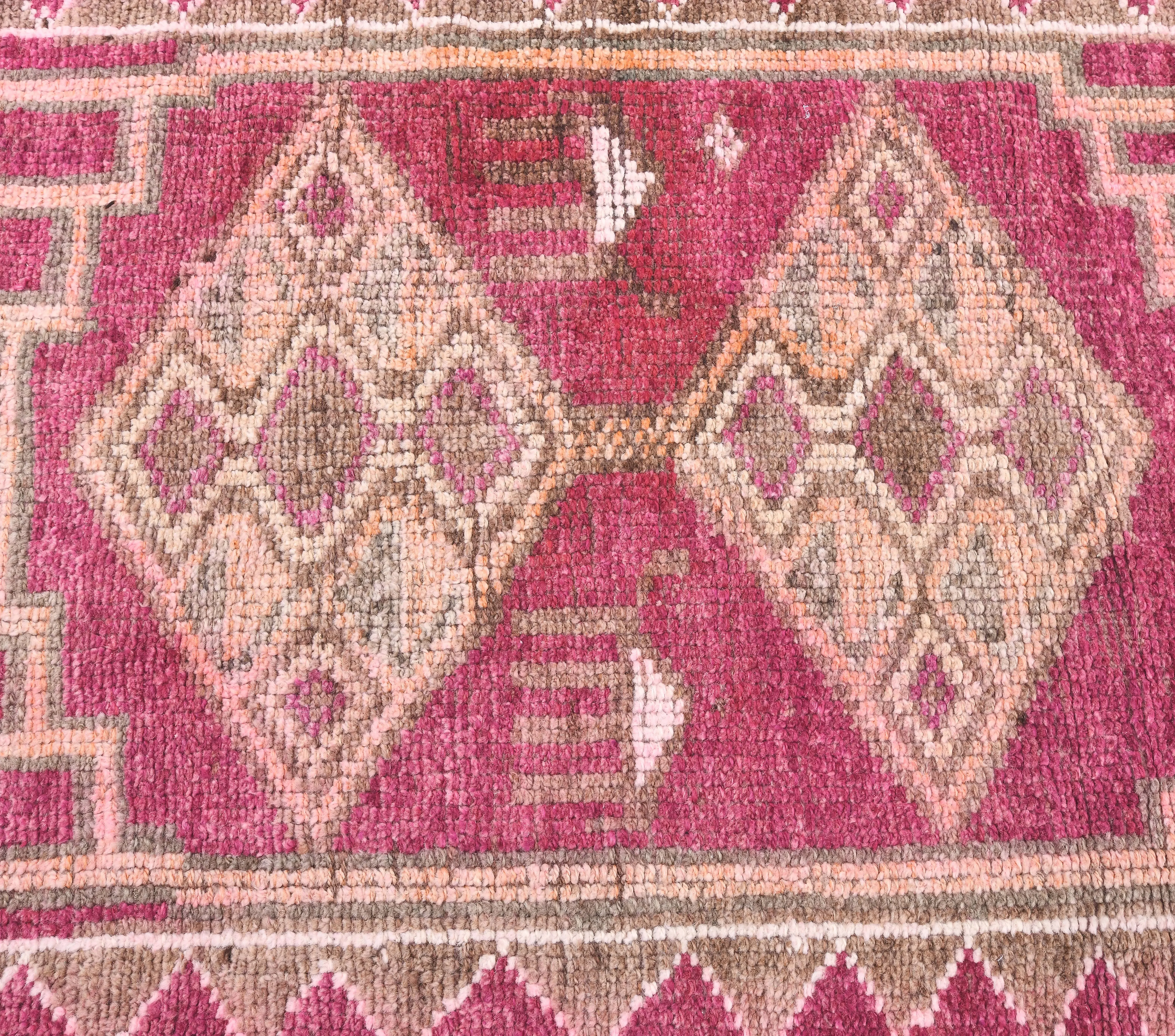 Vintage Pink Geometric Turkish Hand-Knotted Runner