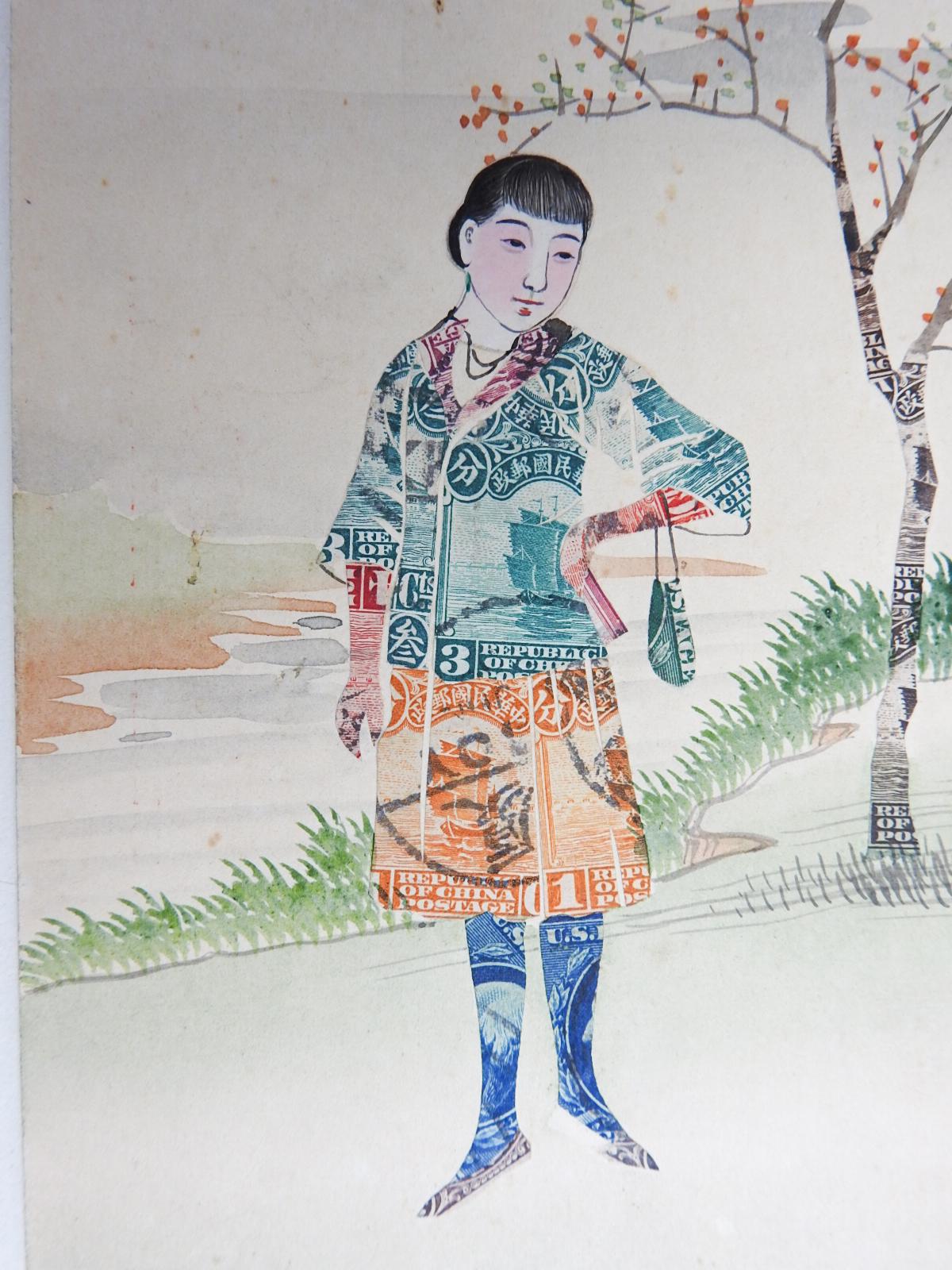 Vintage Chinese Collage With Stamps Postcard Stylish Young