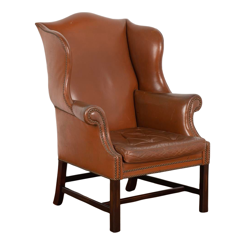 Vintage Brown Leather Wingback Arm Chair From Denmark, Circa 194060