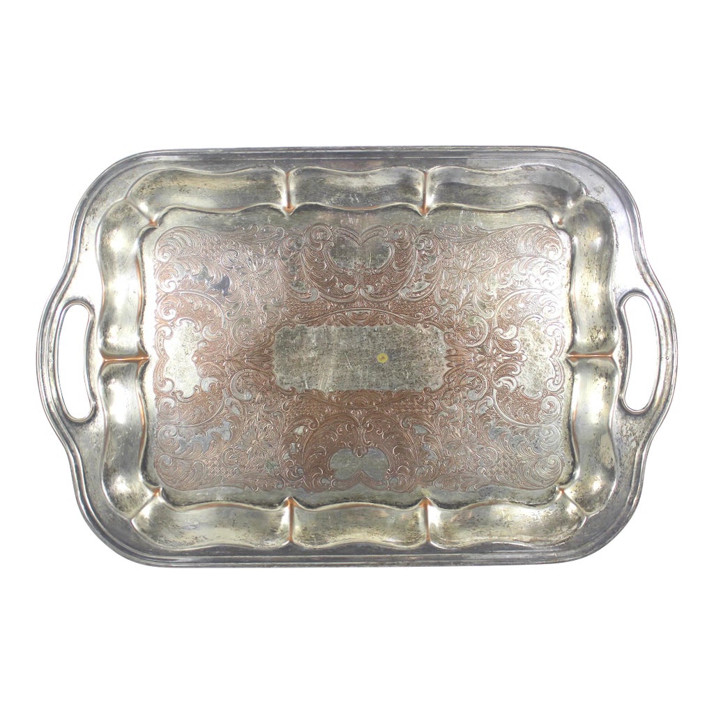 Large Vintage Butler’s Tray Silver Plated Rectangular Handled Platter ...