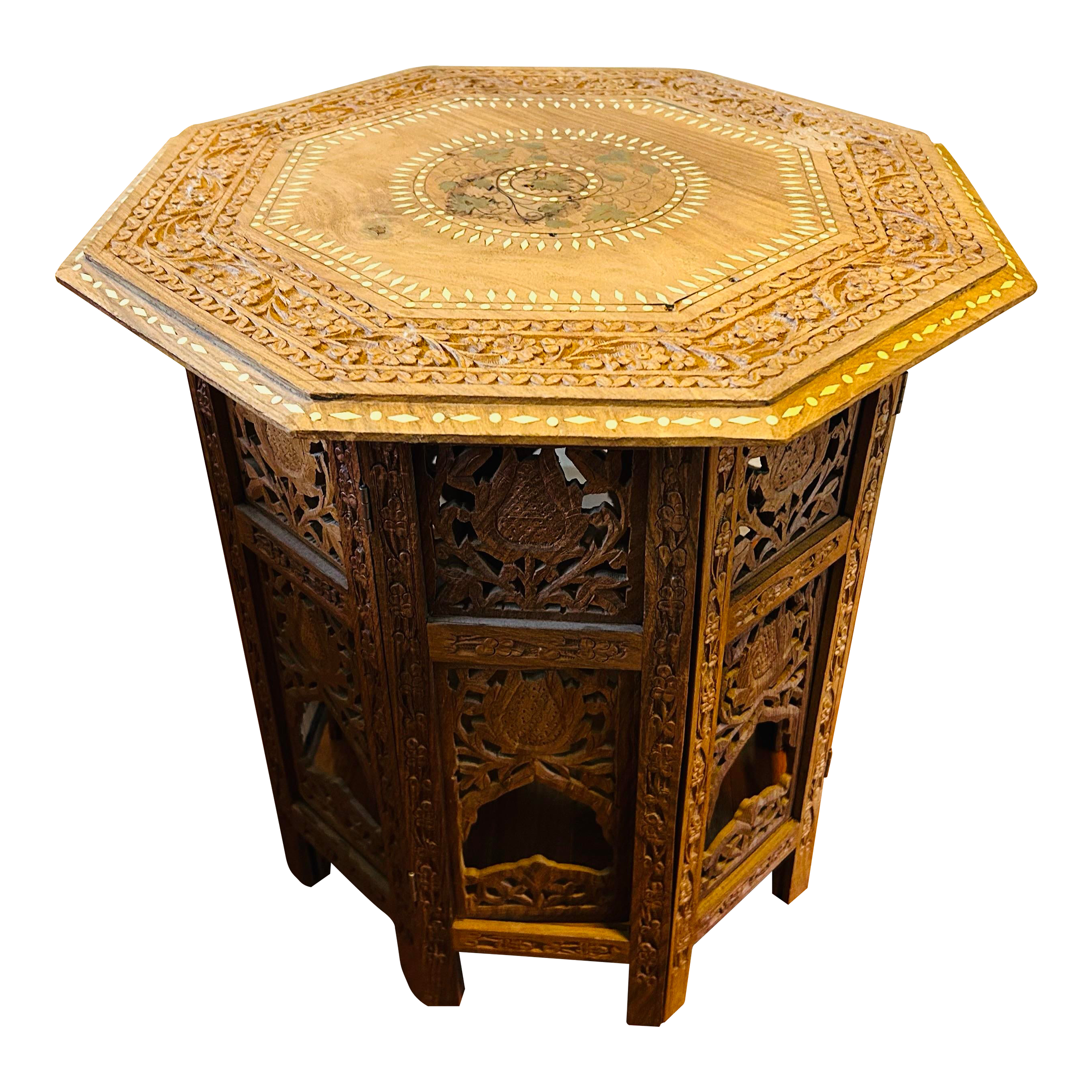 Vintage Moroccan Inlaid Wood Octagonal Side Table | Chairish