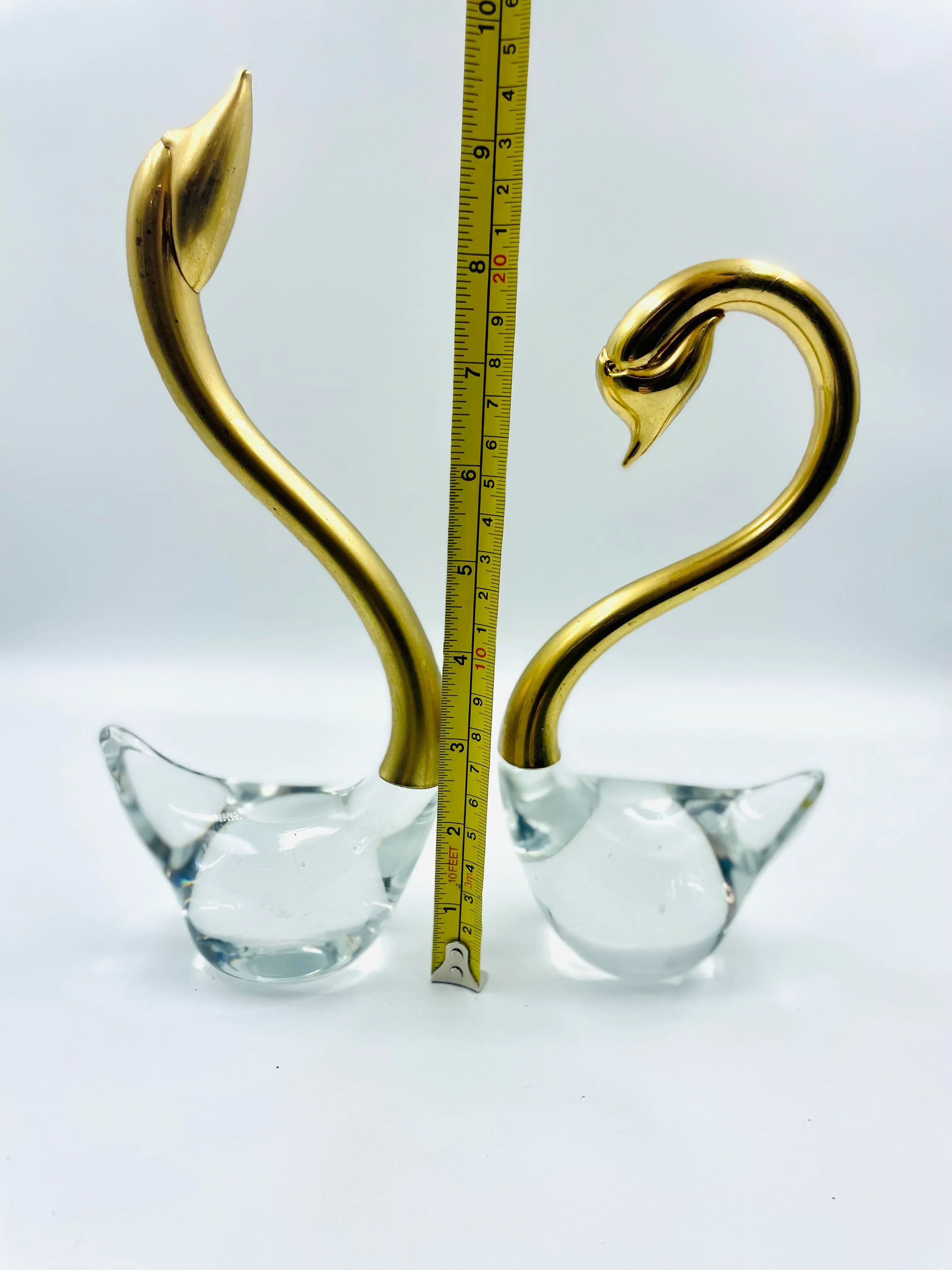 Mid 20th Century Set of 2 Hand Blown Clear Art Glass & Brass Swan 