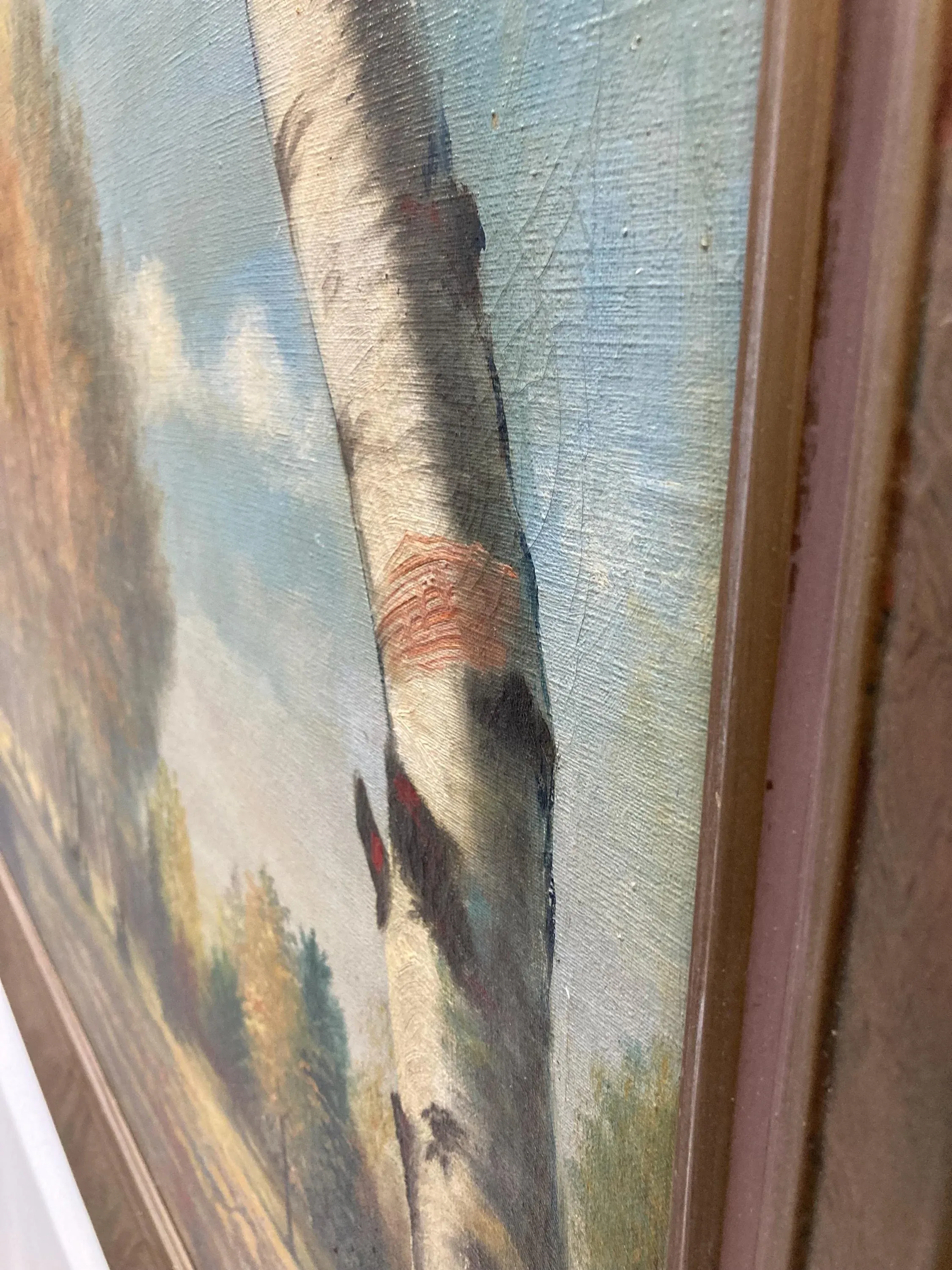 1950s Vintage Autumn Landscape Oil Painting by Elmer Stewart – Framed Mid-Century Forest Scene With Swans