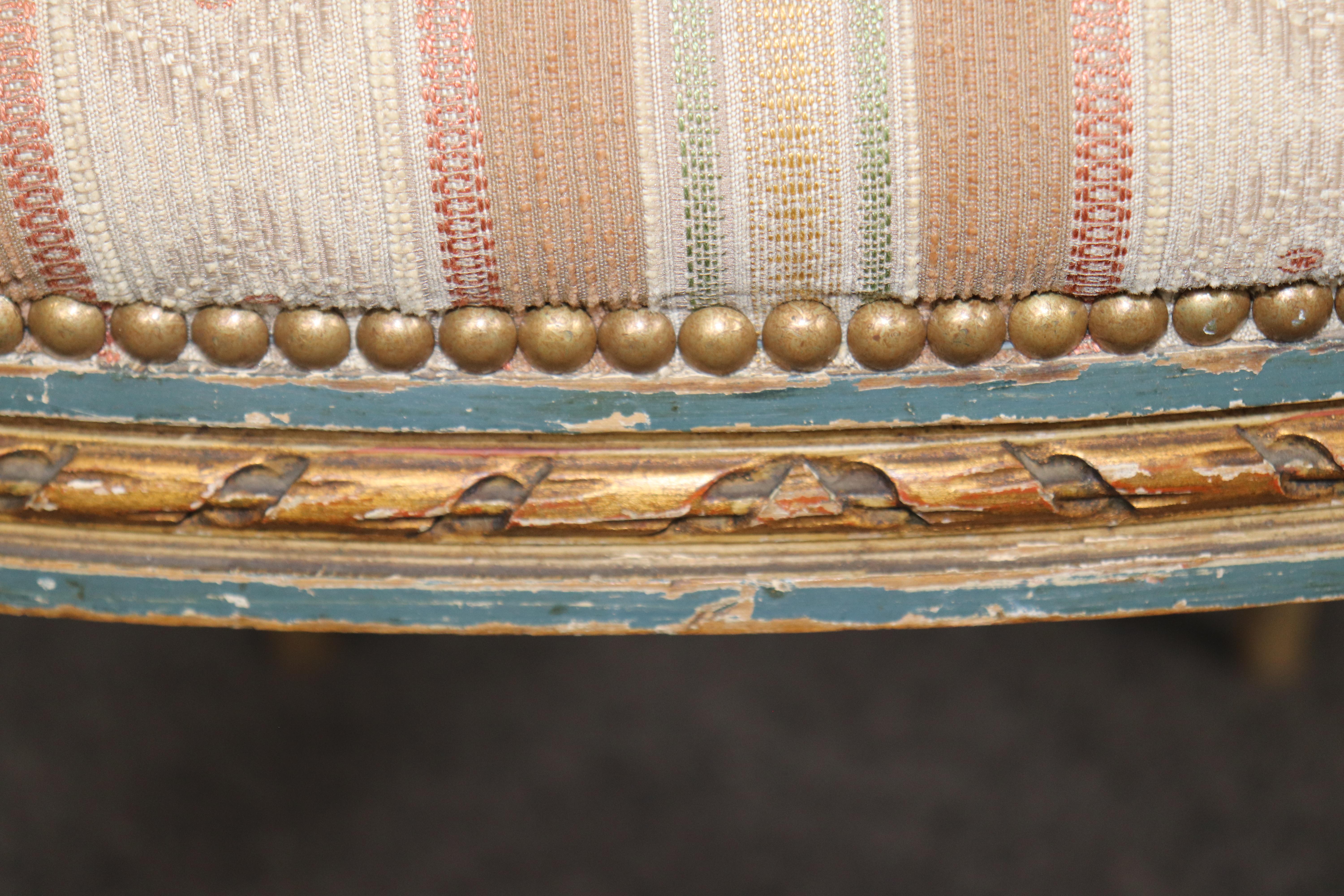 Pair of 19th C. French Louis XVI Paint Decorated & Gilt Carved Armchairs