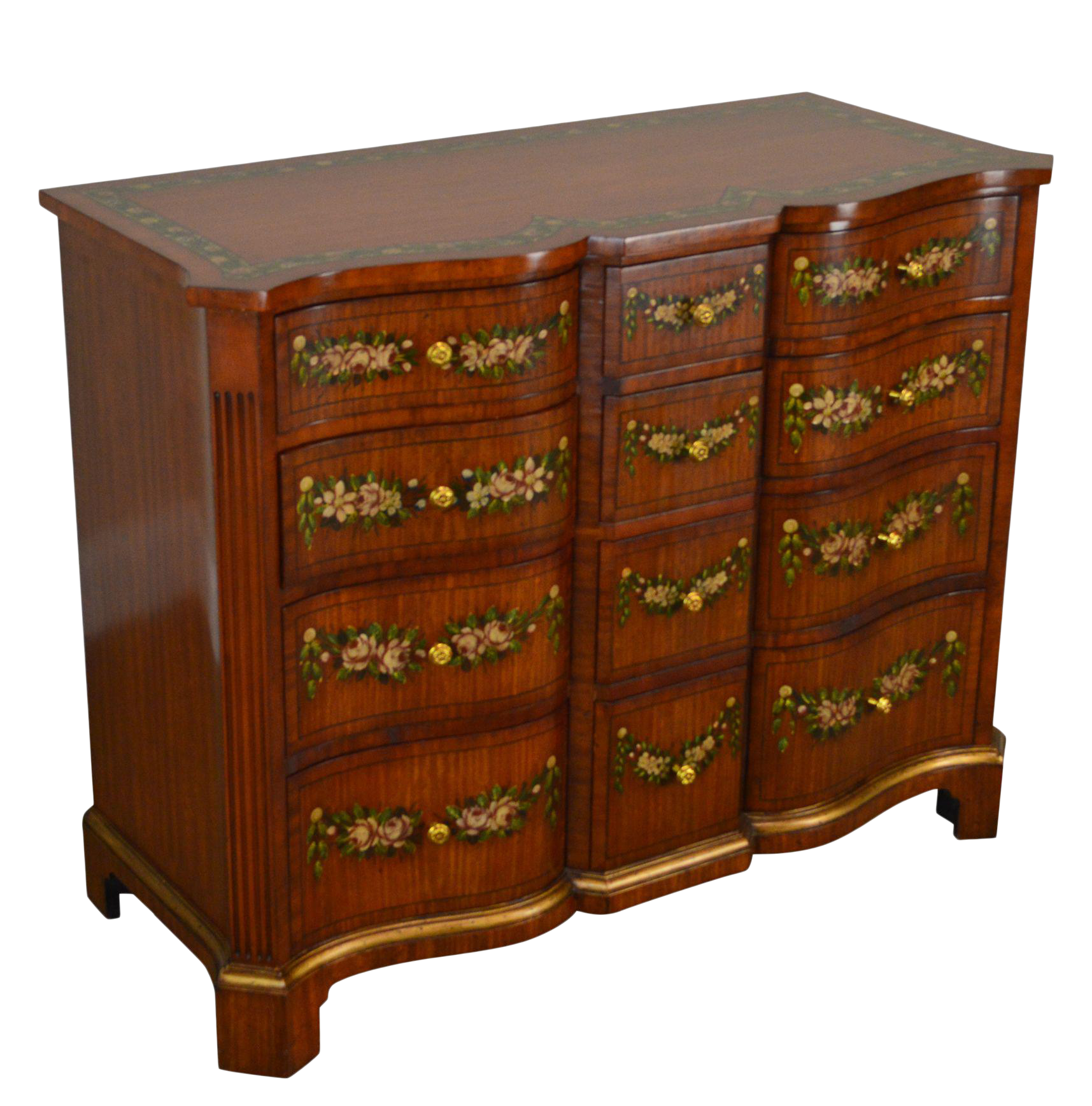 Maitland Smith Satin Wood Floral Hand Painted Serpentine Chest Of