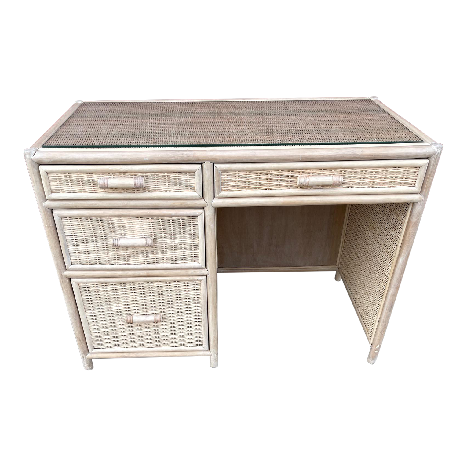 1970s MidCentury Whitewash Rattan/Wicker Glass Top Desk Chairish