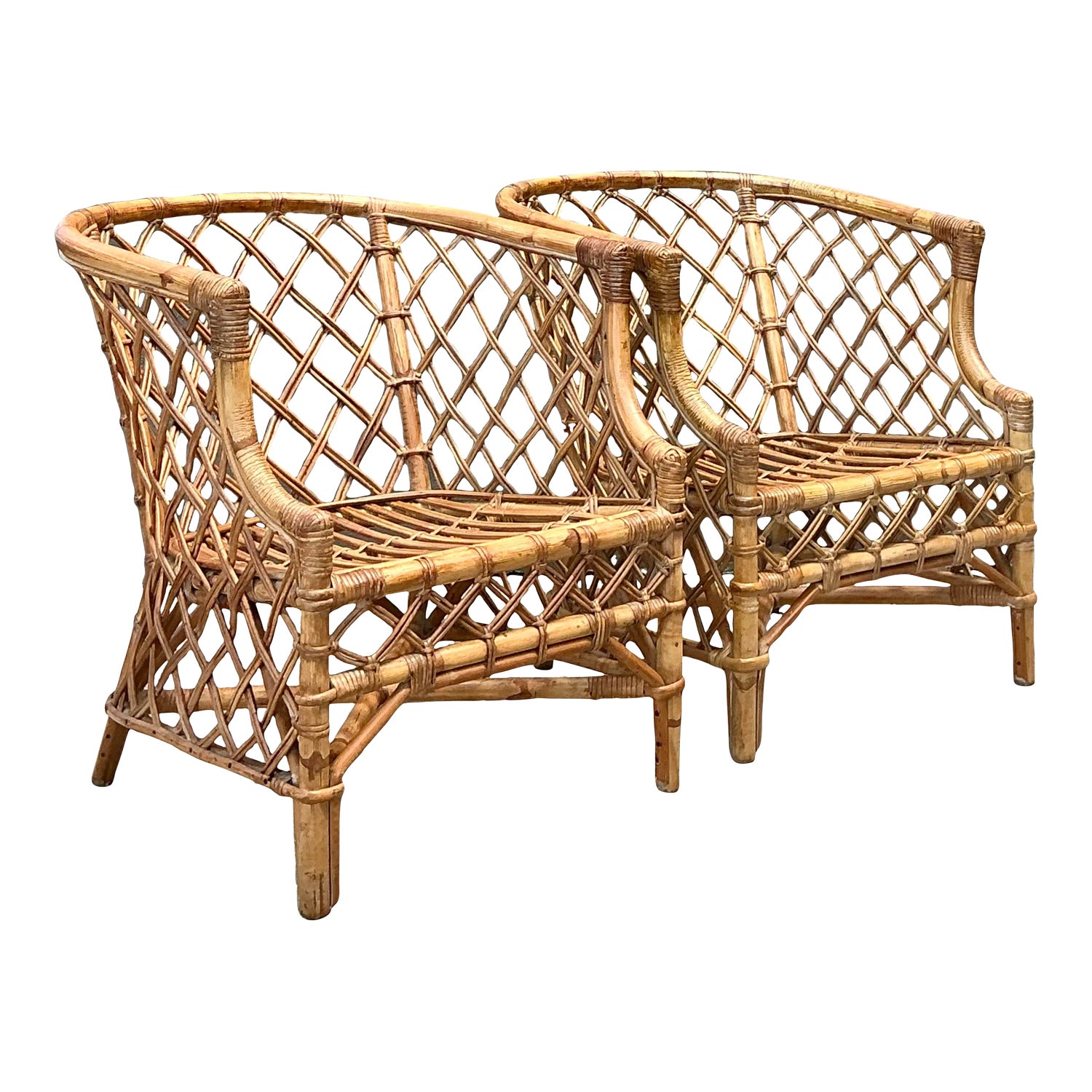 Vintage Trellis Rattan Lounge Chairs - A Pair
