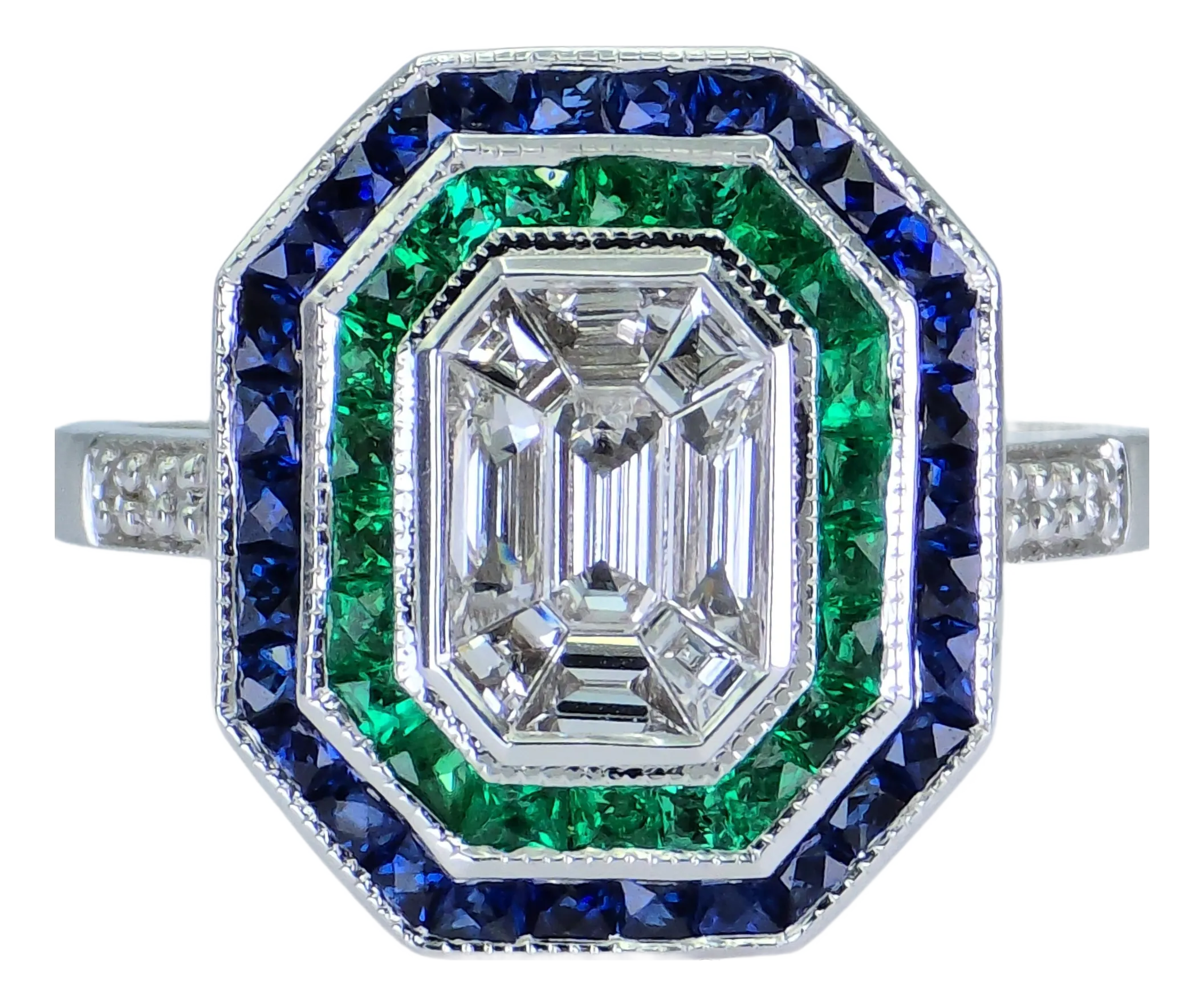 18k (750) Illusion Emerald Shape Natural Round VVS Diamond Sapphire Emerald Ring, Size 7