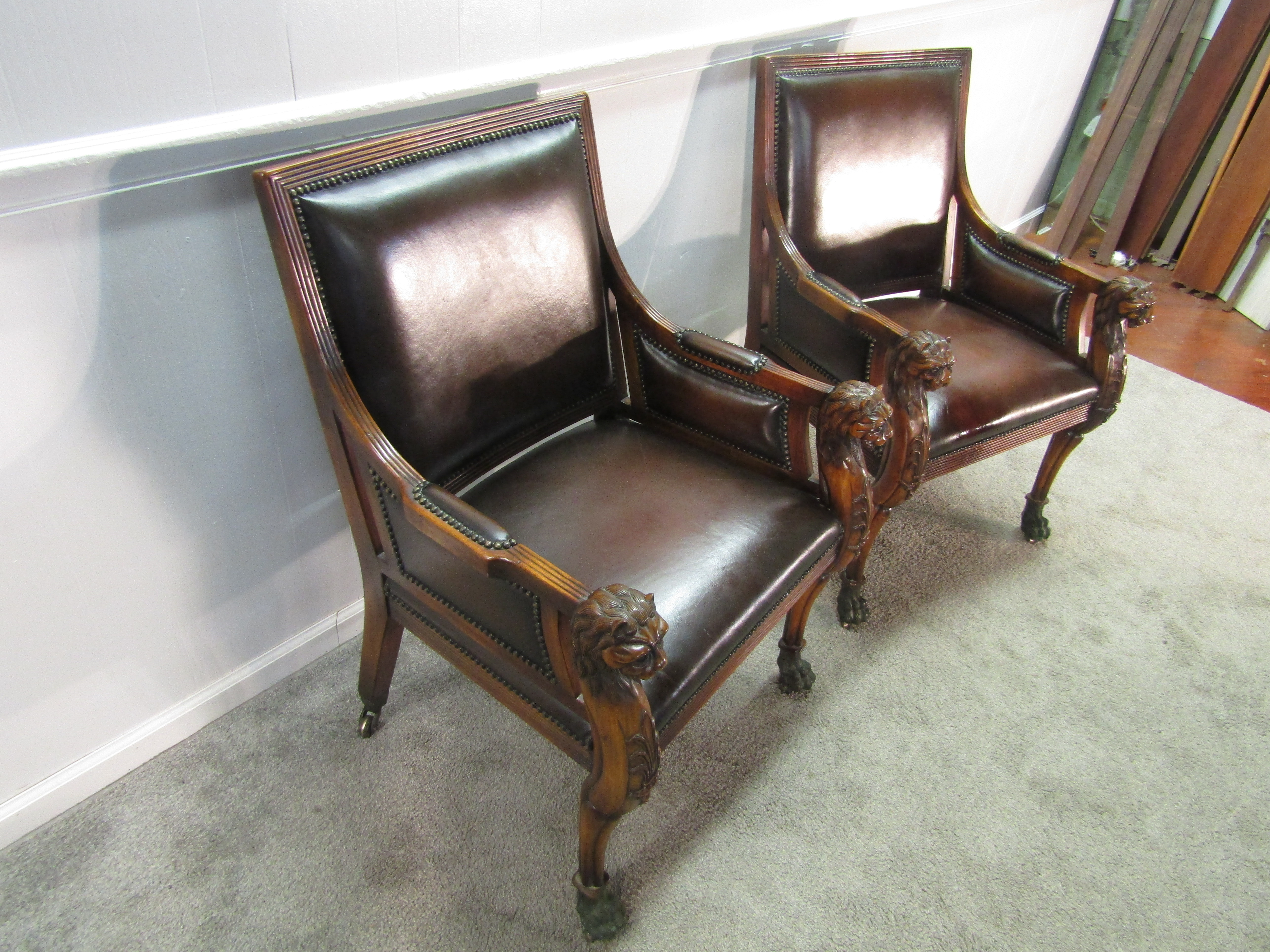 Theodore Alexander Pair of Mahogany Carved Leather Seat Chairs