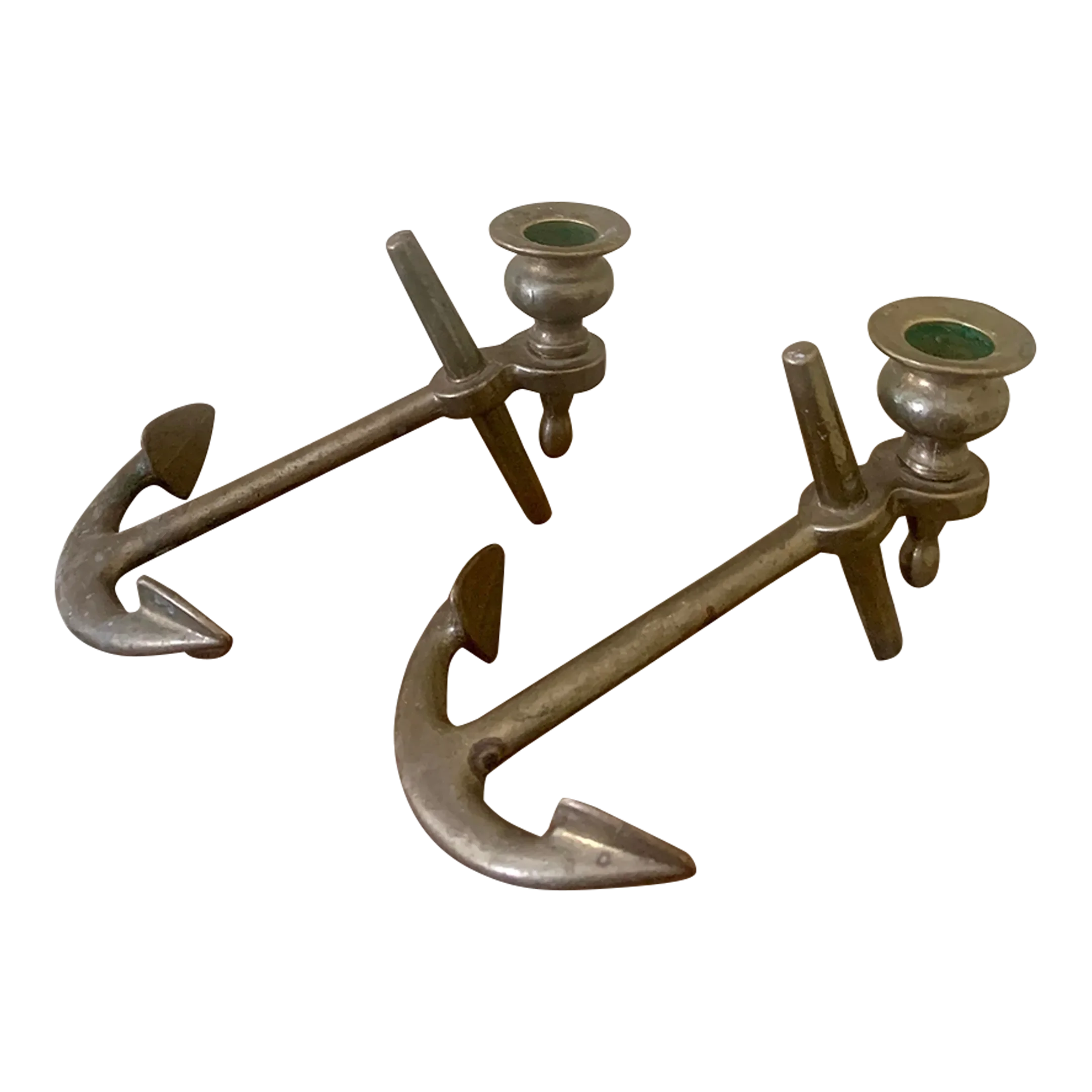 Mid 20th Century Italian Solid Cast Brass Anchor Candle Holders - a Pair