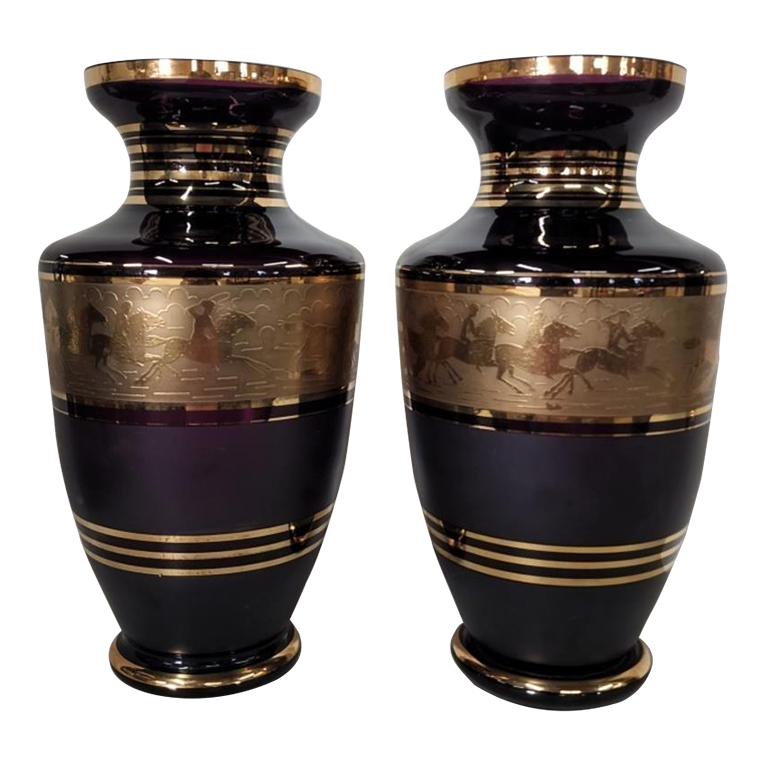 1950s Amethyst Glass Vases With Gold Horse Band a Pair Chairish