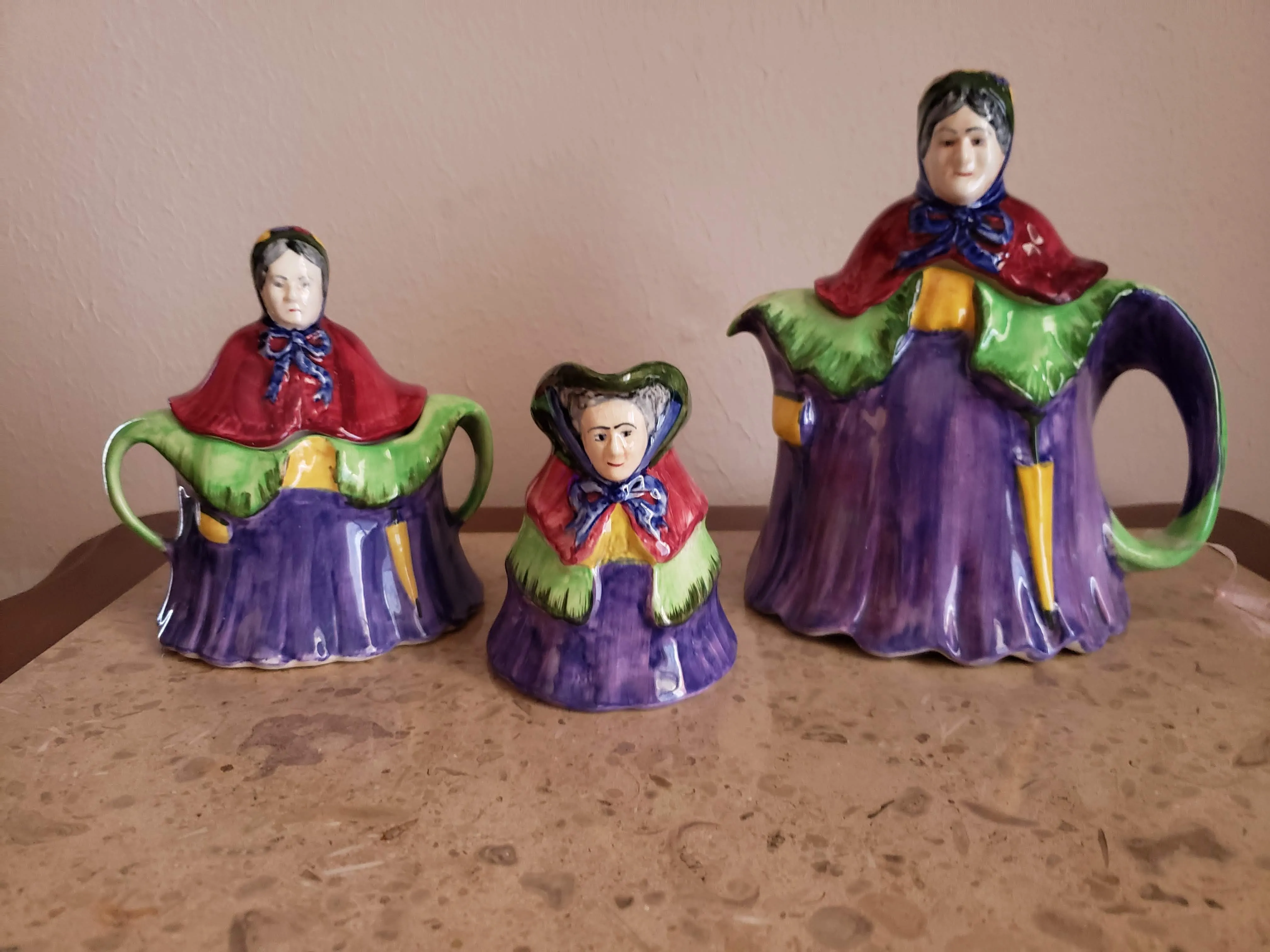 1930s English Lady Figural Tea Pot Set With Sugar and Creamer by