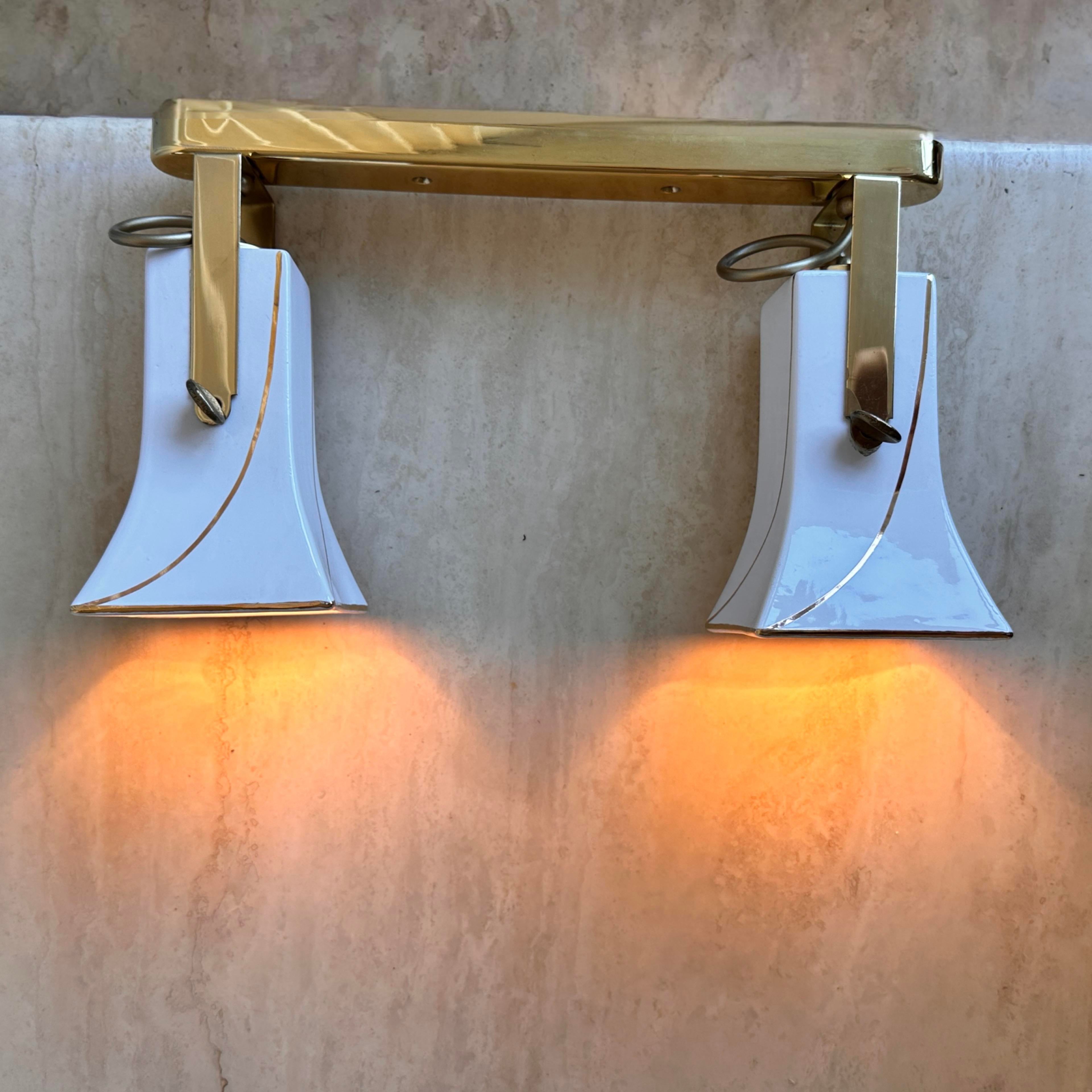 Art Deco White Porcelain and Brass Ceiling Lamp, 1960s