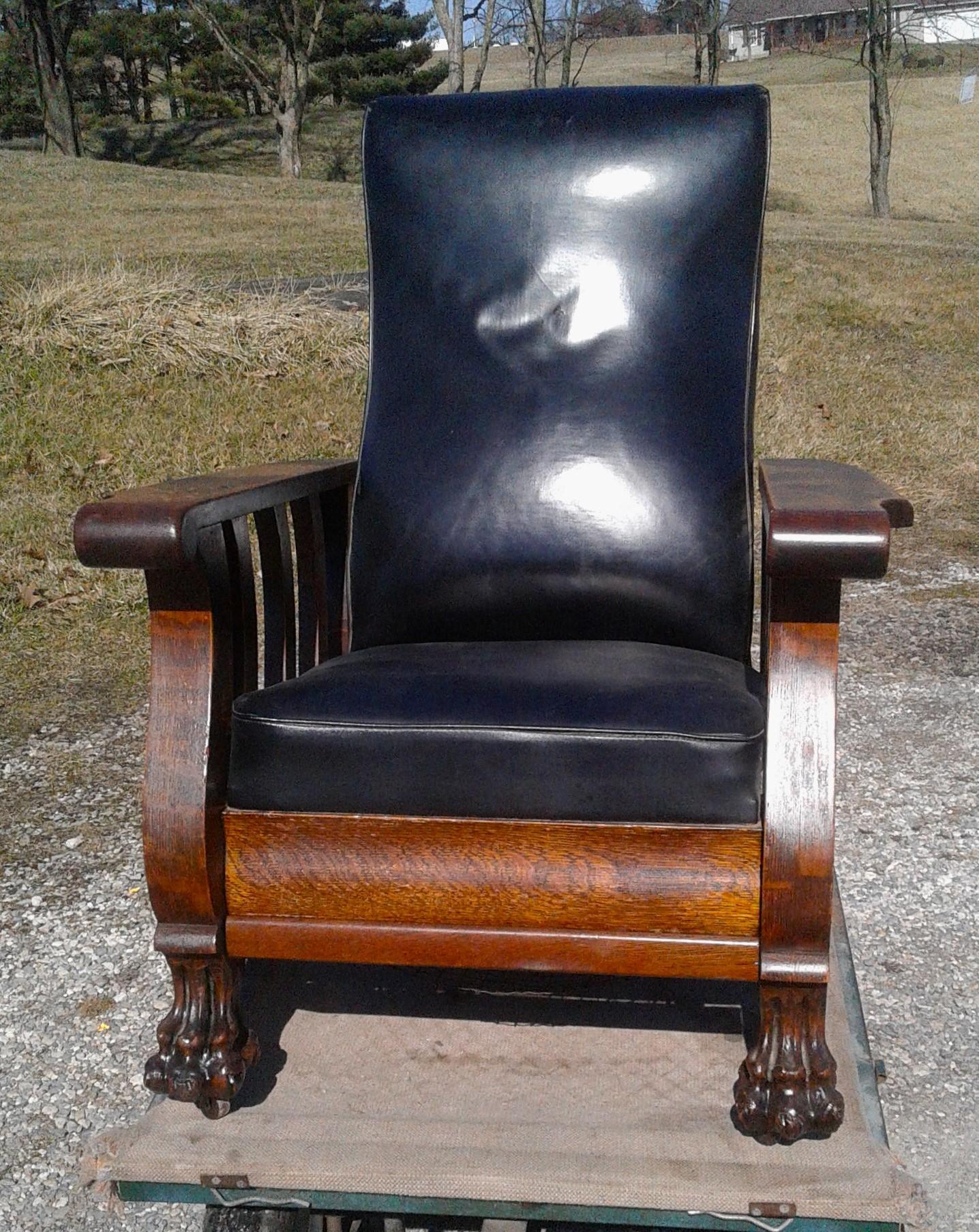 1910s Antique Mission Oak Quarter Sawn Oak Push Button Reclining Chair with Footrest