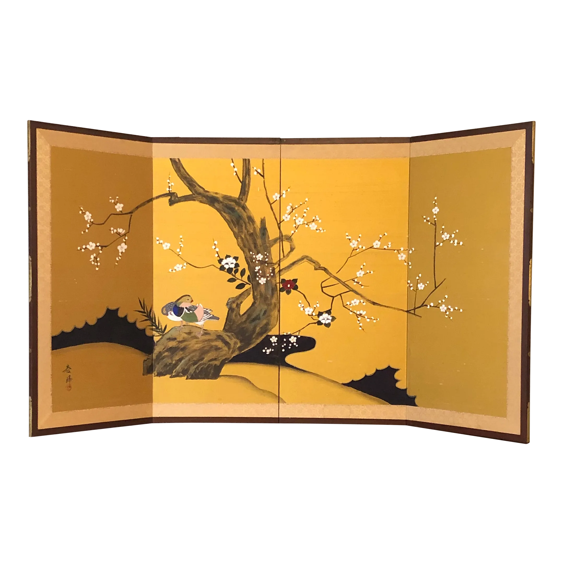 Vintage Mid-20th Century Hand-Painted Japanese Silk Screen
