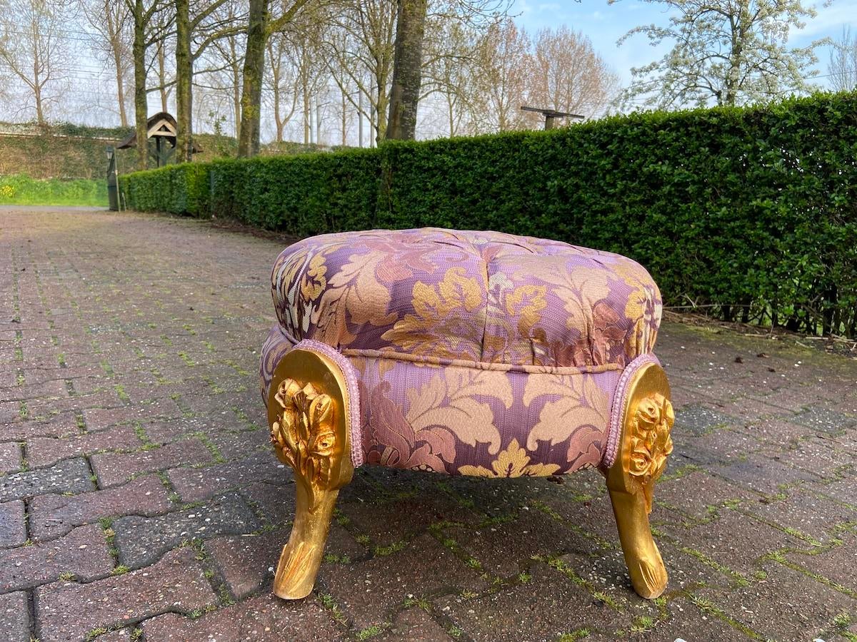 1970s French Louis XVI Gold Beech Purple Damask Bench 1-Pc