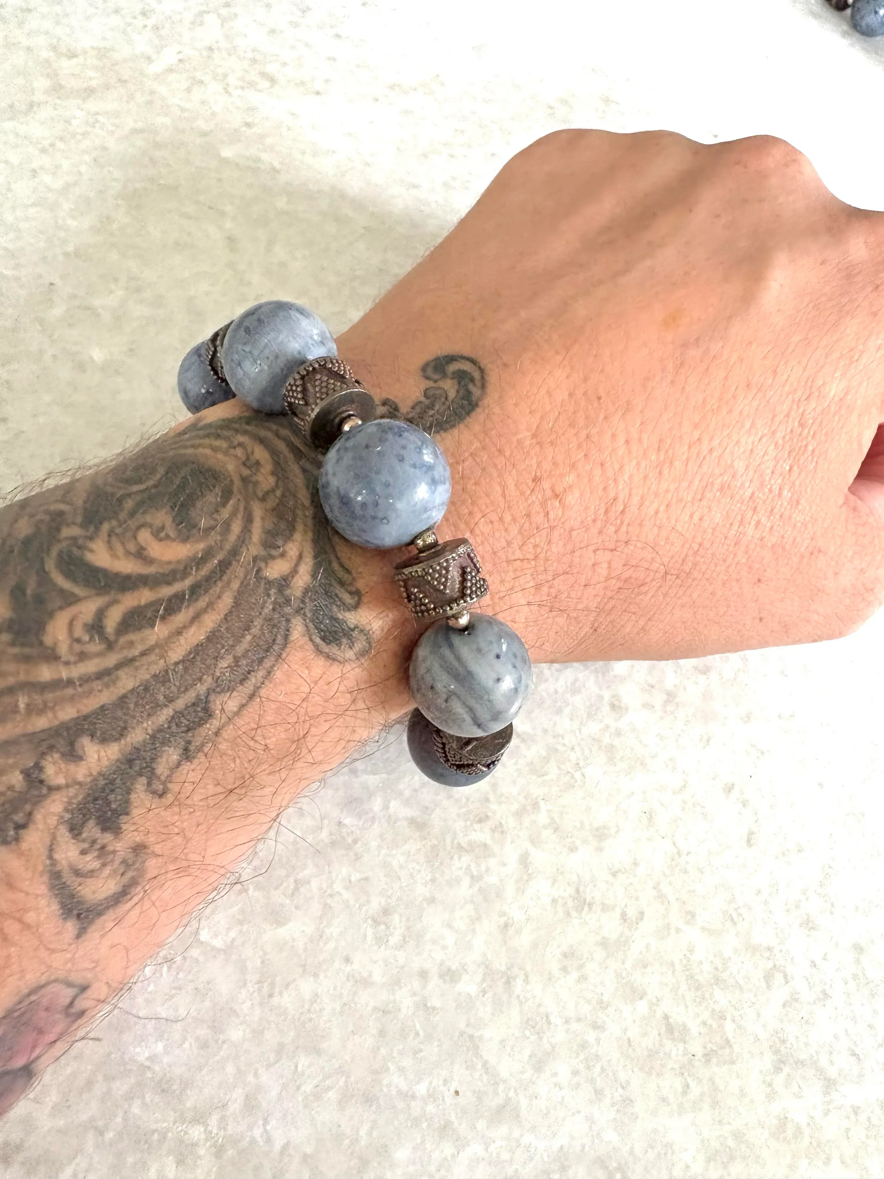Vintage Blue, Coral and Silver Beaded Bracelet