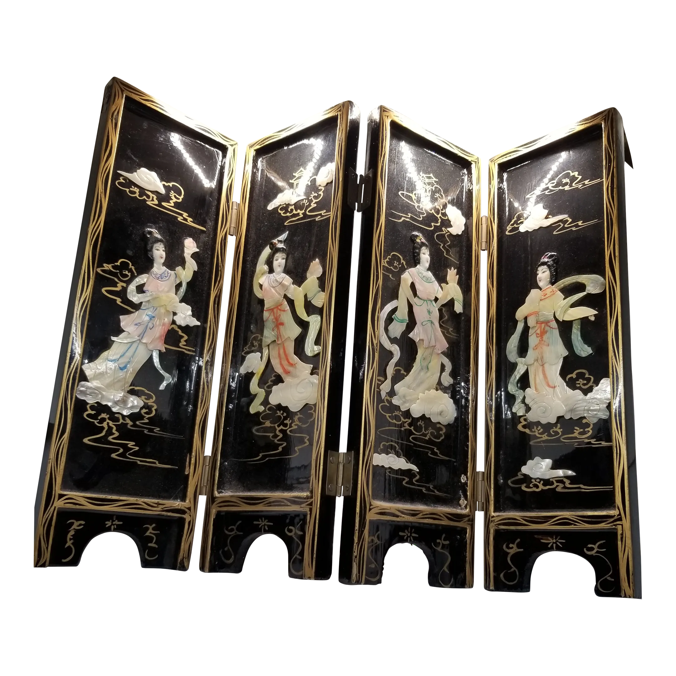 Vintage Four Panel Mother of Pearl Coromandel Lacquered Hand