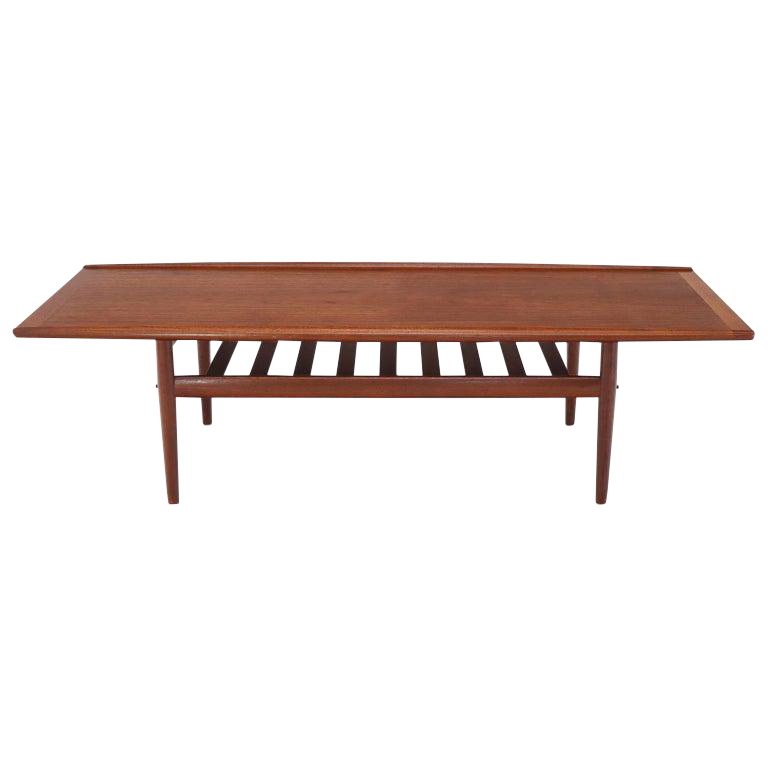 Long Teak Danish MidCentury Modern Coffee Table With Magazine Rack