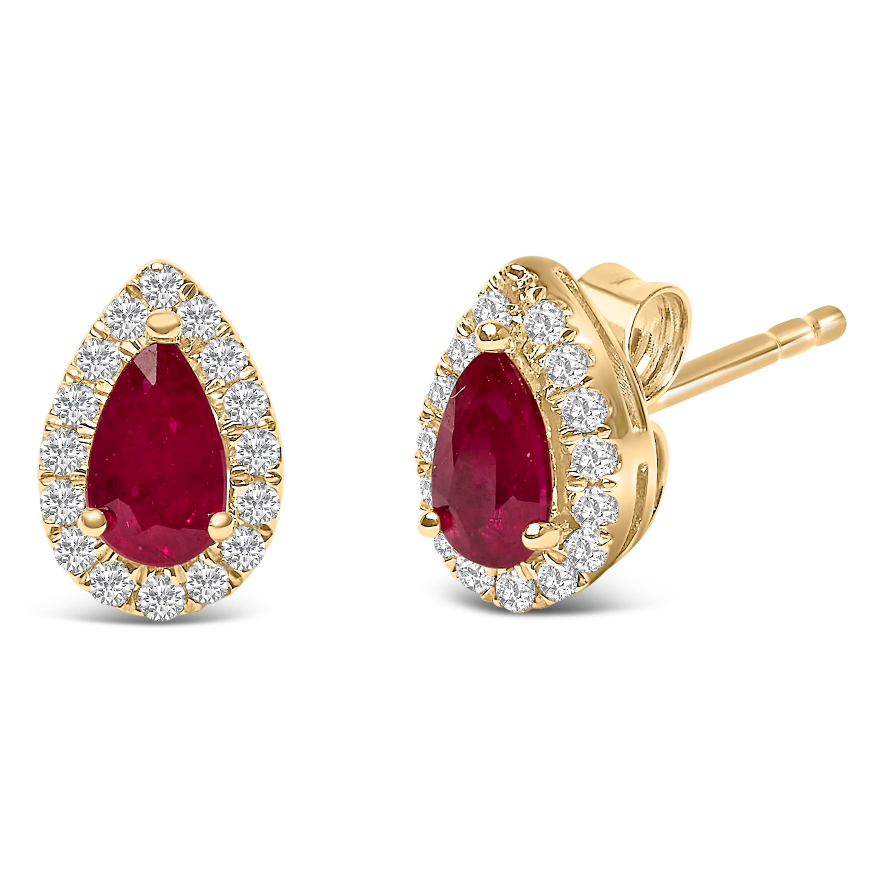 アクセサリー Yu- 10K Yellow Gold 5X3 MM Pear-Cut Ruby and 1/7 Cttw Diamond