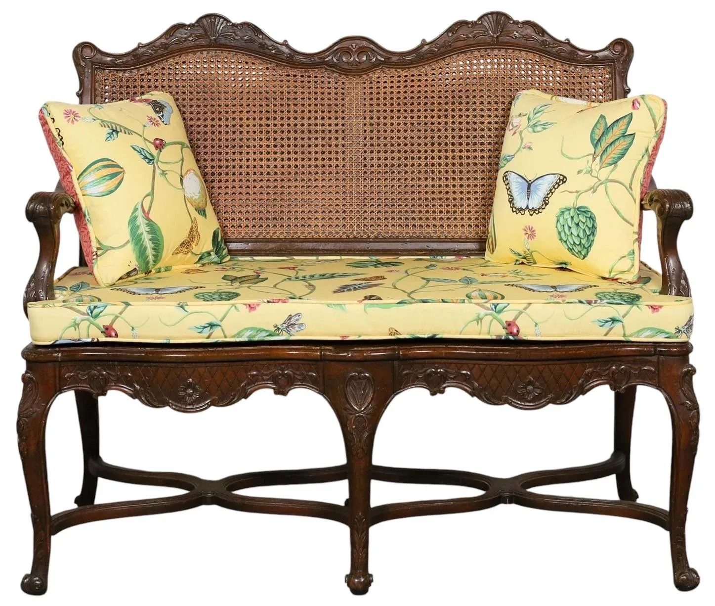 French Louis XV Style Carved Fruitwood & Cane Settee