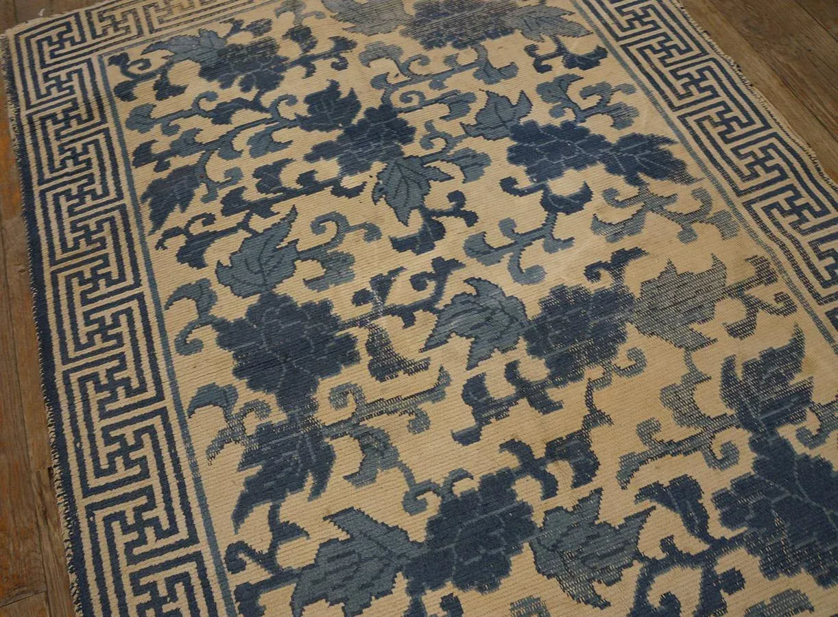 Lovely Tan Beige and Blue Cerulean Color With Florid Design Antique Japanese Rug