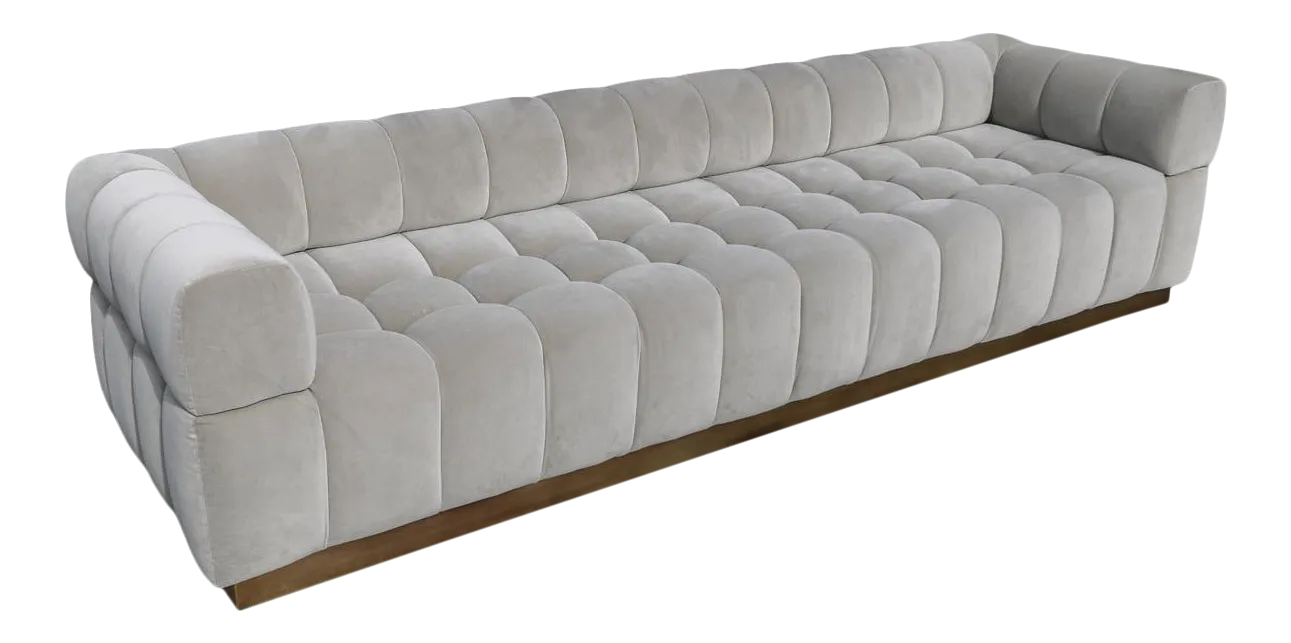 Custom “Oscar” Tufted Grey Velvet Sofa With Brass Base Chairish
