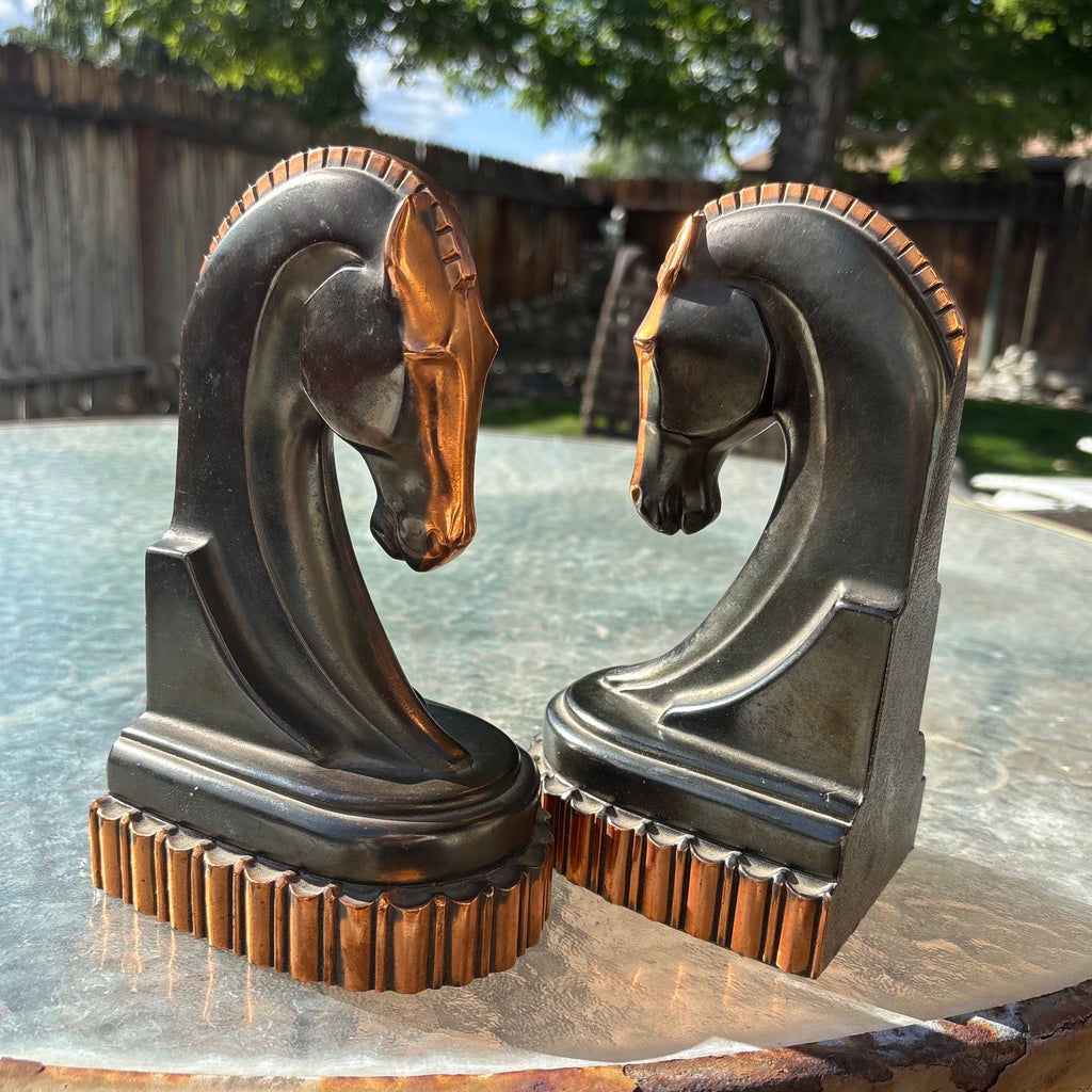 Pair of Art Deco Bronze and Copper Plated Trojan Horse Bookends 