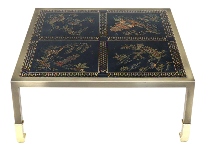 Brass and Gold Decorated Reverse Painted Glass Top Square Coffee Table