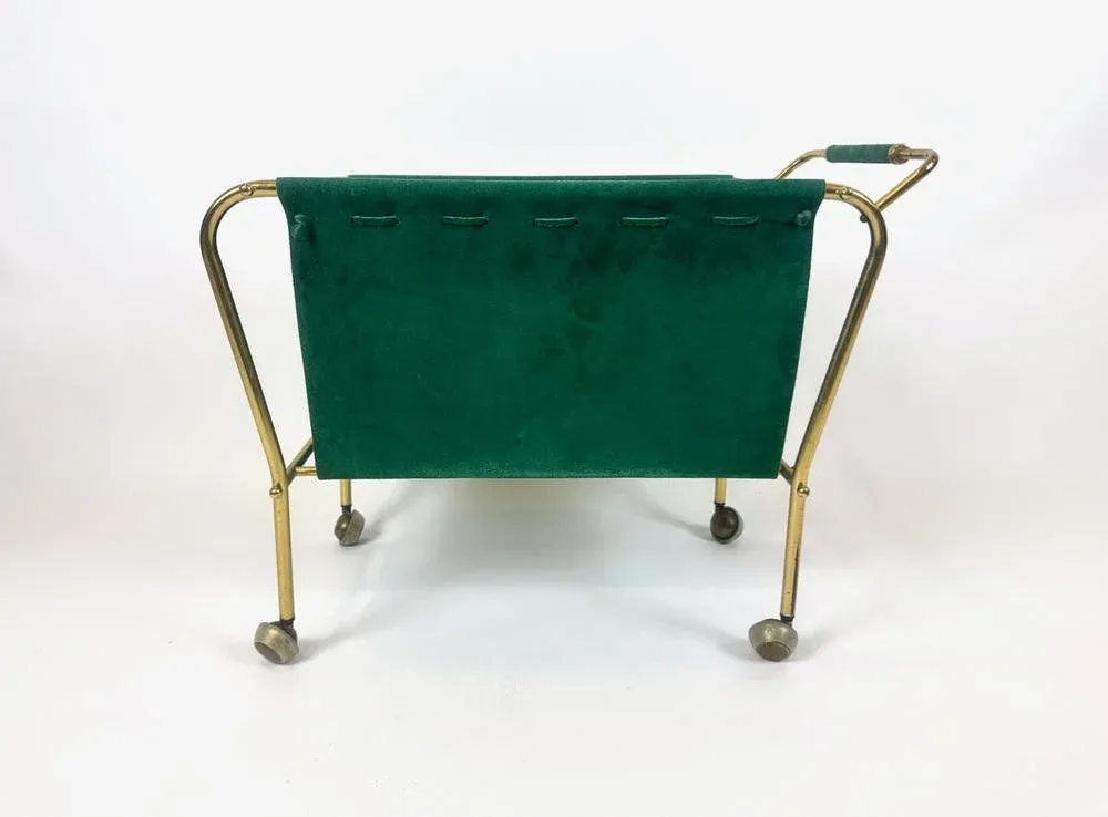 Mid-Century Brass and Leather Trolley Magazine Rack, 1950s