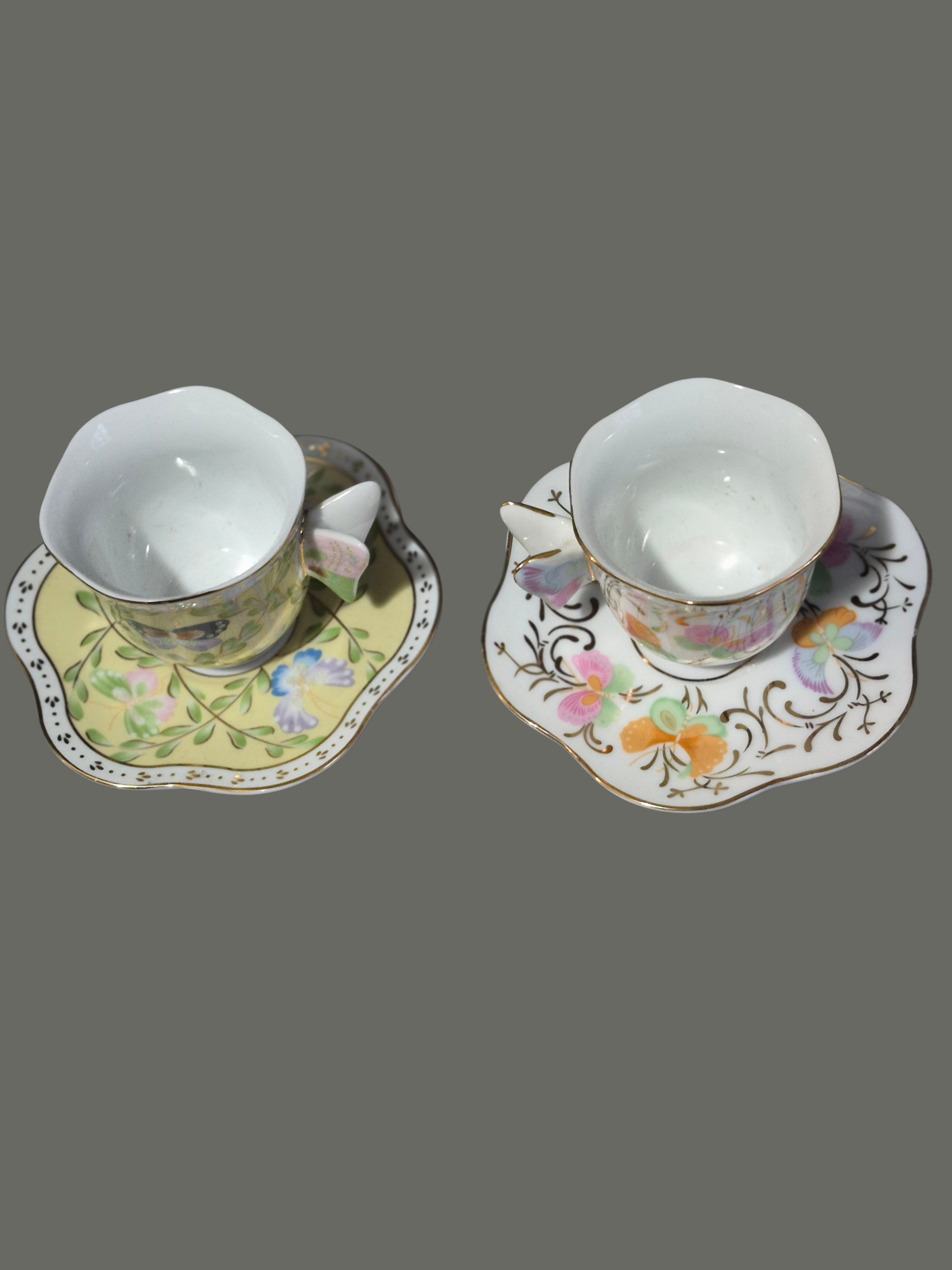 Late 20th Century Formalities Baum Brothers Floral Butterfly Handle  Demi-Tasse Cup & Saucer Pair | Chairish