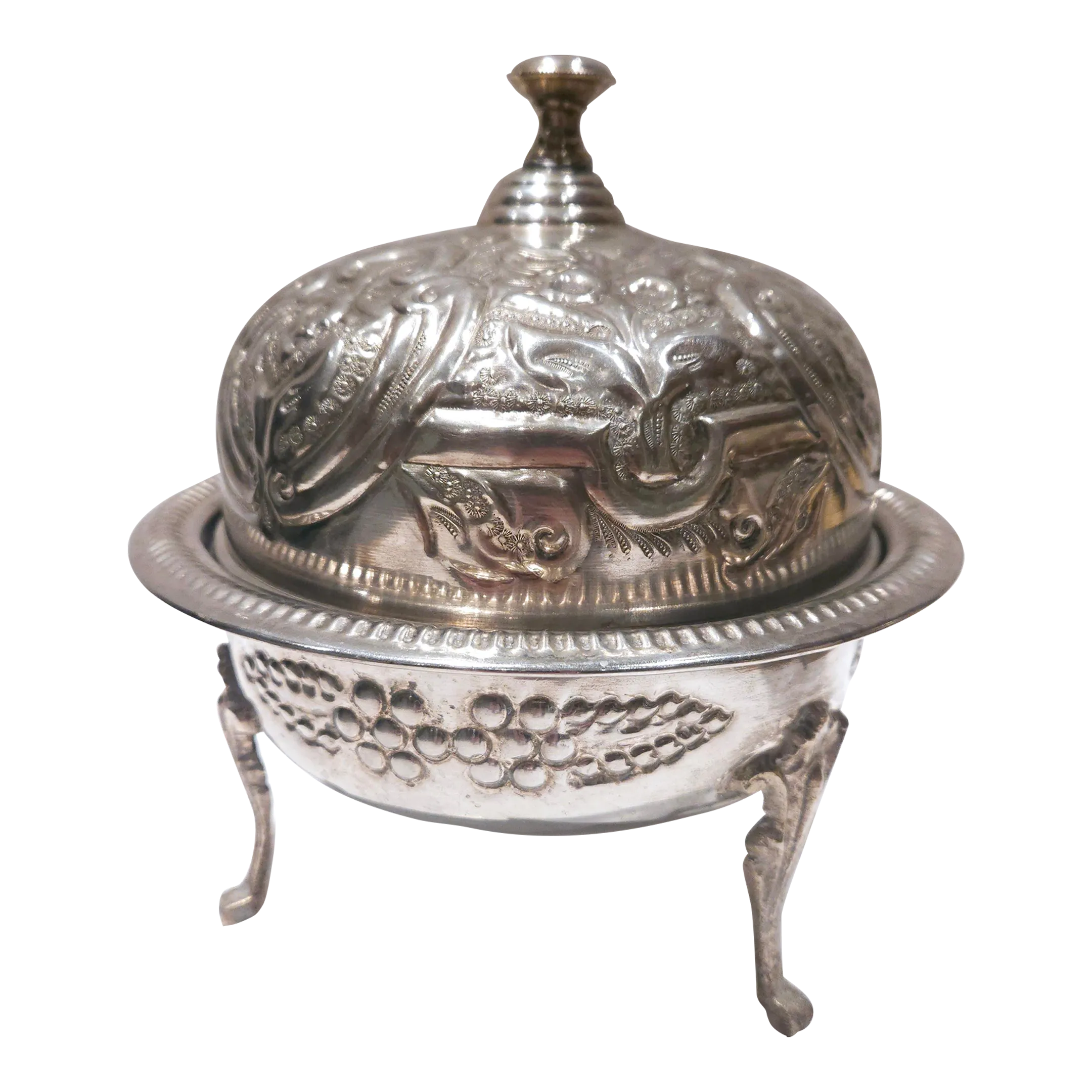 Early 1900s Antique Moroccan Hand Hammered Silver Plated Brass Bowl With Dome Cover