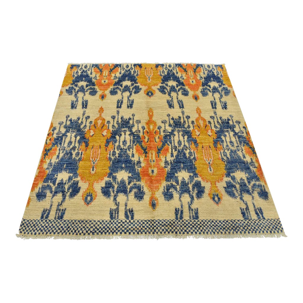 AMERI 【RUG PATTERN KNITJACKET】 Ikat Rug 6' X 6' Beige Wool Hand-Knotted Oriental Carpet | Chairish