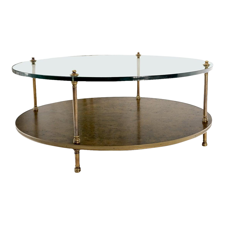 Large Round Two Tier Burl Wood Thick Glass Top Coffee Center Table
