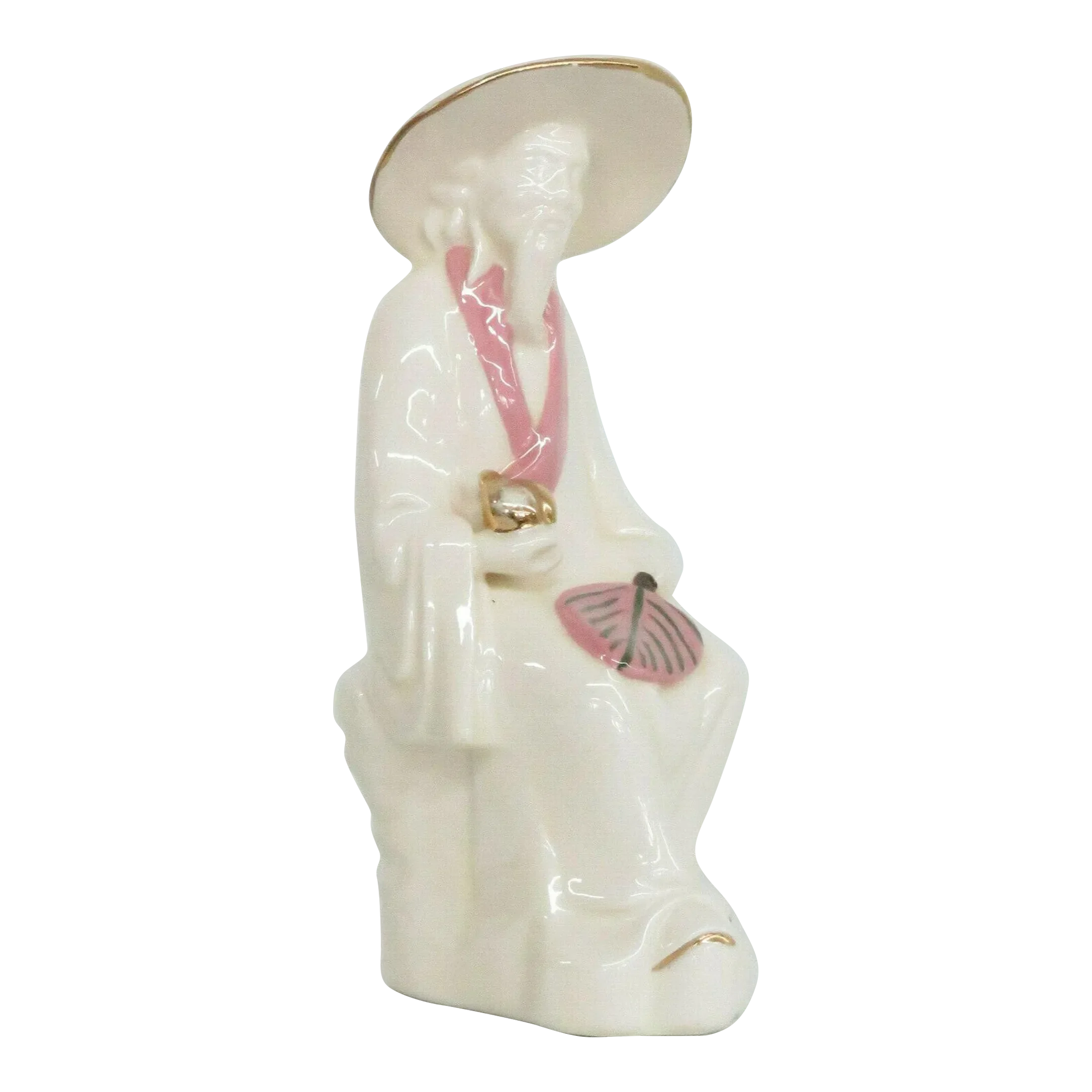 Arnels Pottery Chinese Man Sitting with Leaf and Fruit Ceramic Figurine