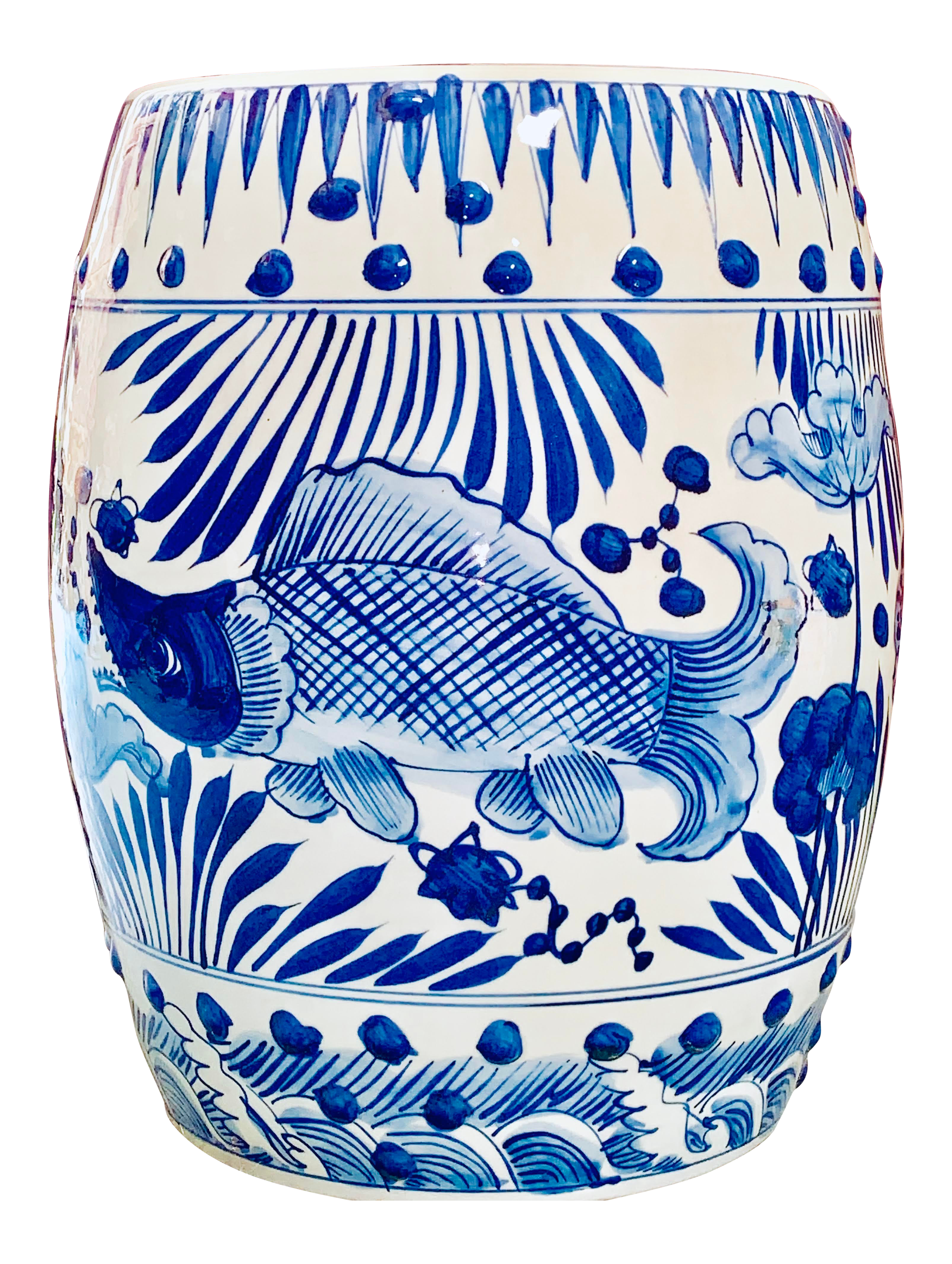 Chinoiserie Porcelain Blue And White Garden Stool With Fish Design Chairish