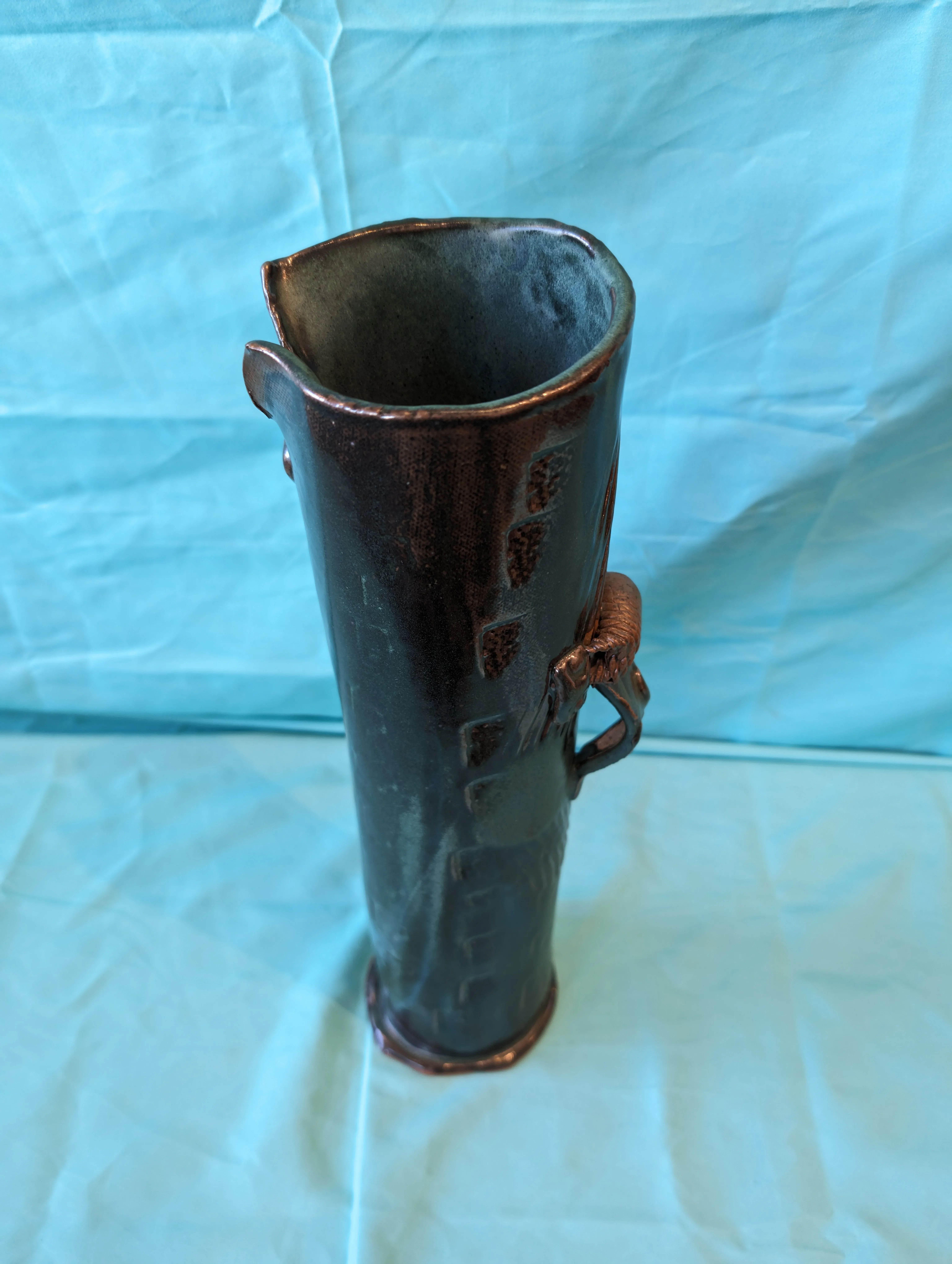 1970s Green Folk Art Pottery Vase