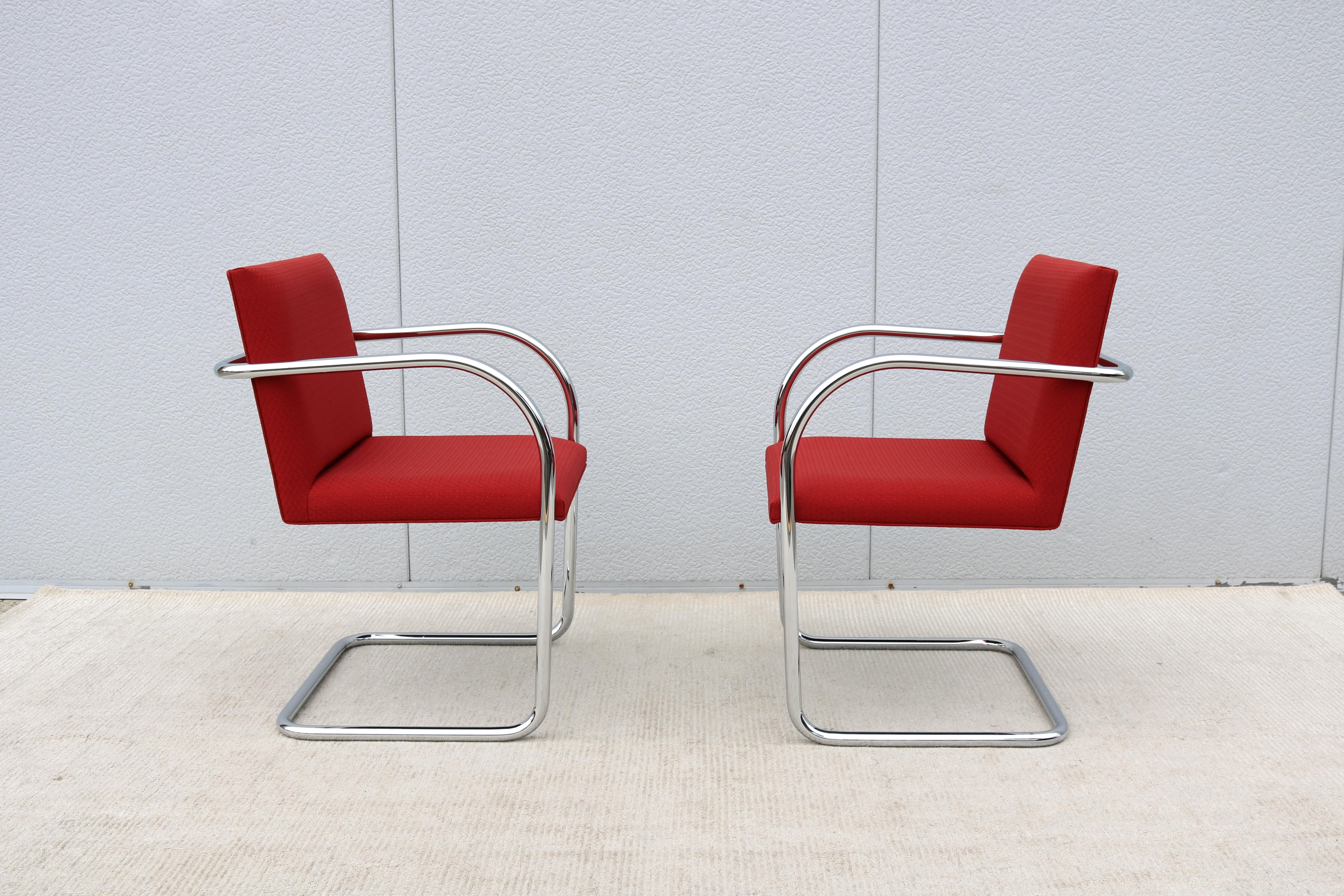 MCM Ludwig Mies Van Der Rohe Brno Tubular Chairs in Red Fabric by Gordon, a Pair