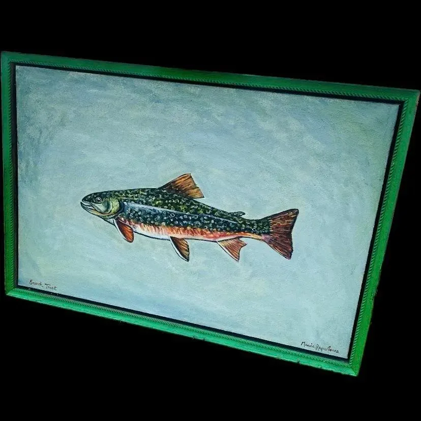 Late 20th Century Brook Trout Oil on Canvas Painting Signed Maria Reyes Jones