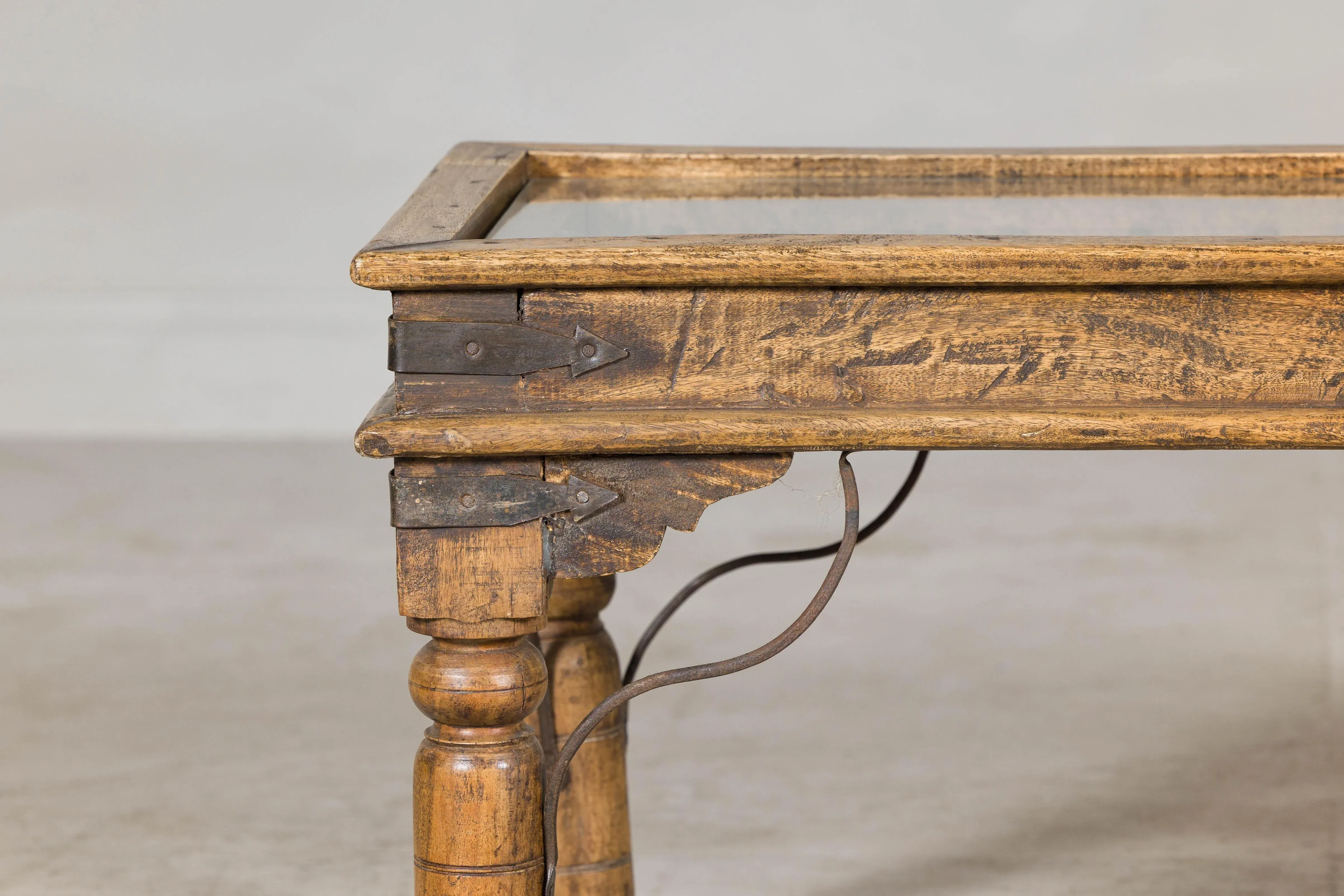 Vintage Indian Rustic Wood Coffee Table with Antique Ironwork and