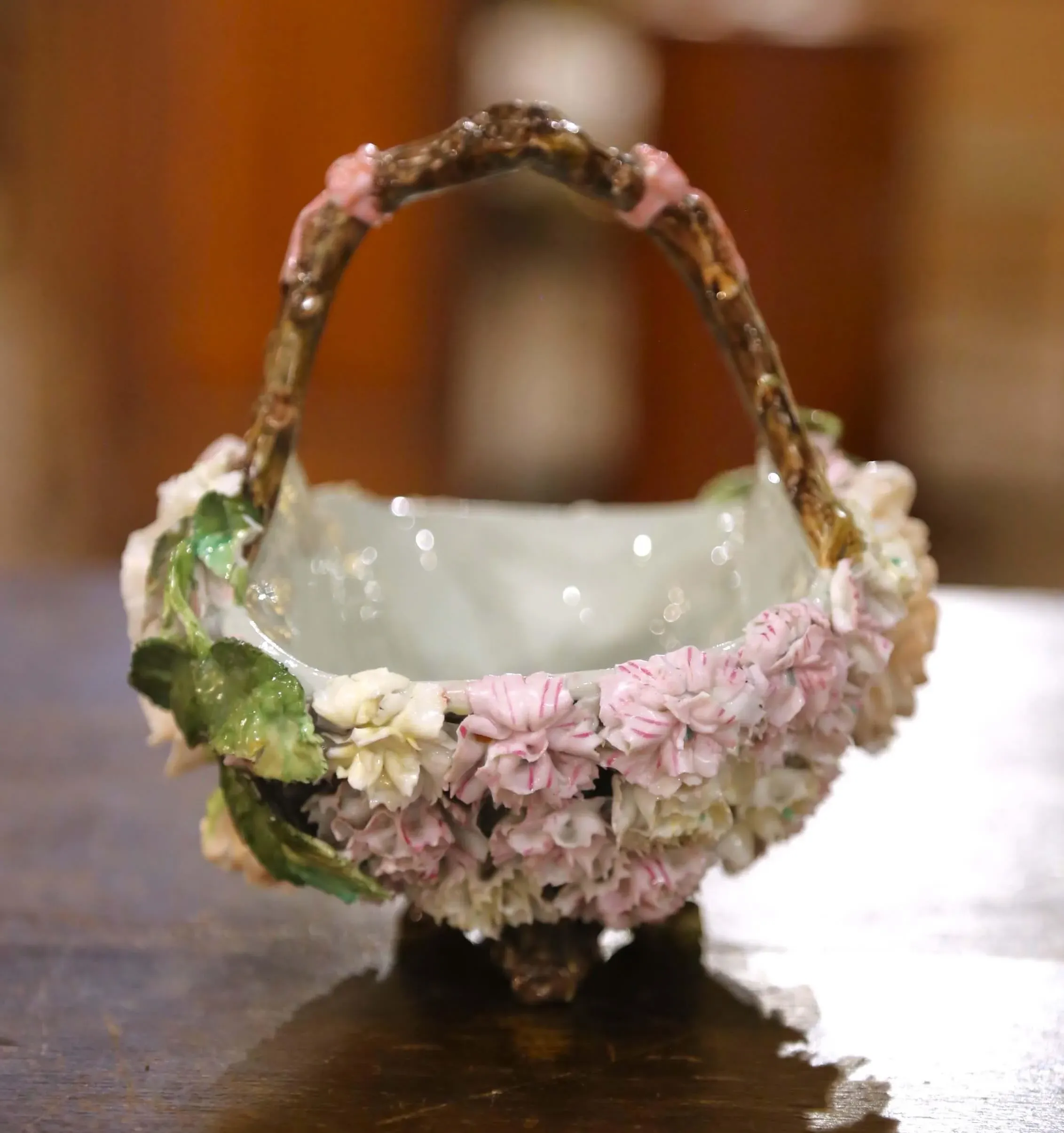 19th Century French Porcelain Barbotine Flower Basket With Twig