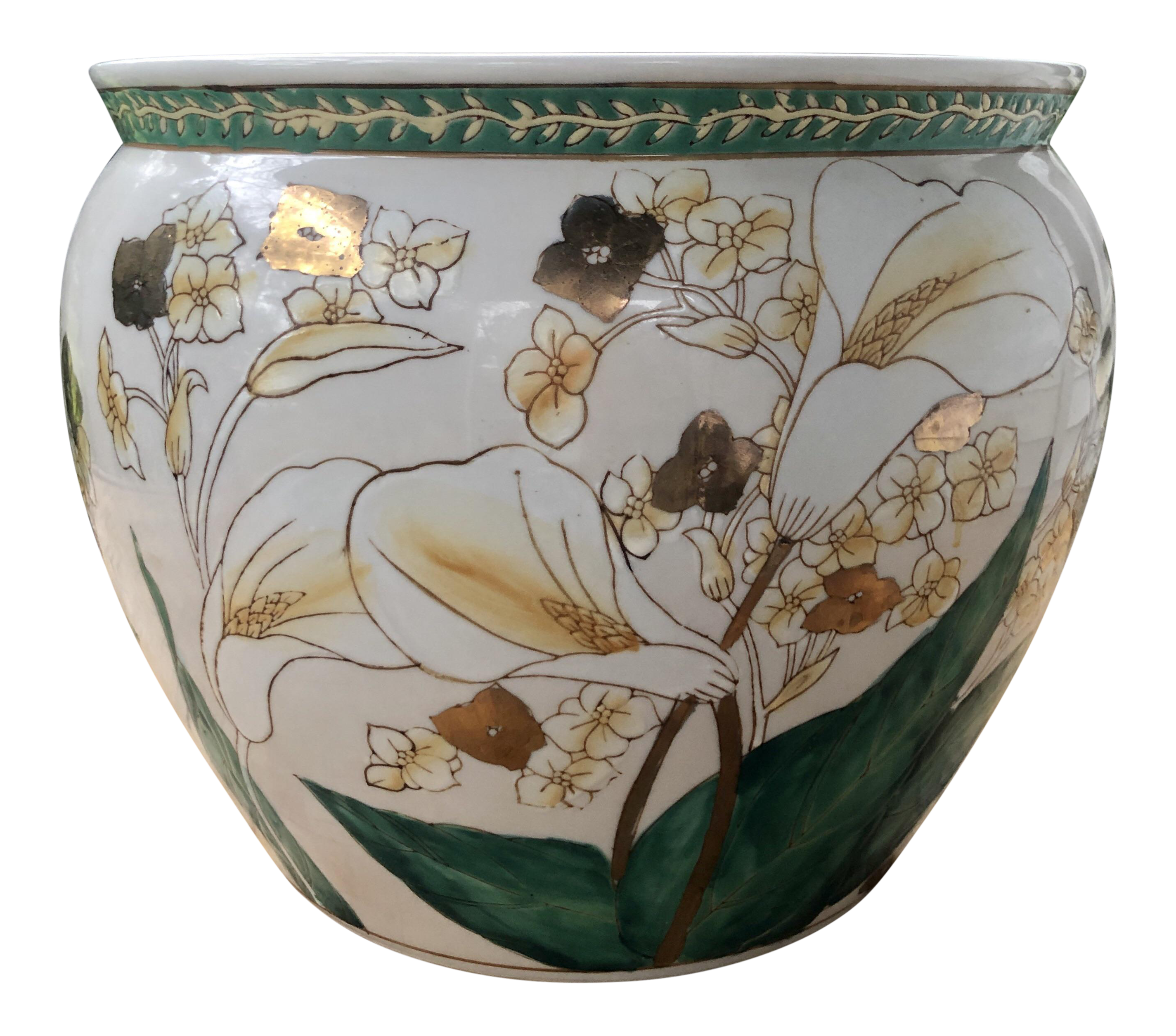 Vintage Chinese Calla Lily Floral Gilt Painted Porcelain Fish Bowl