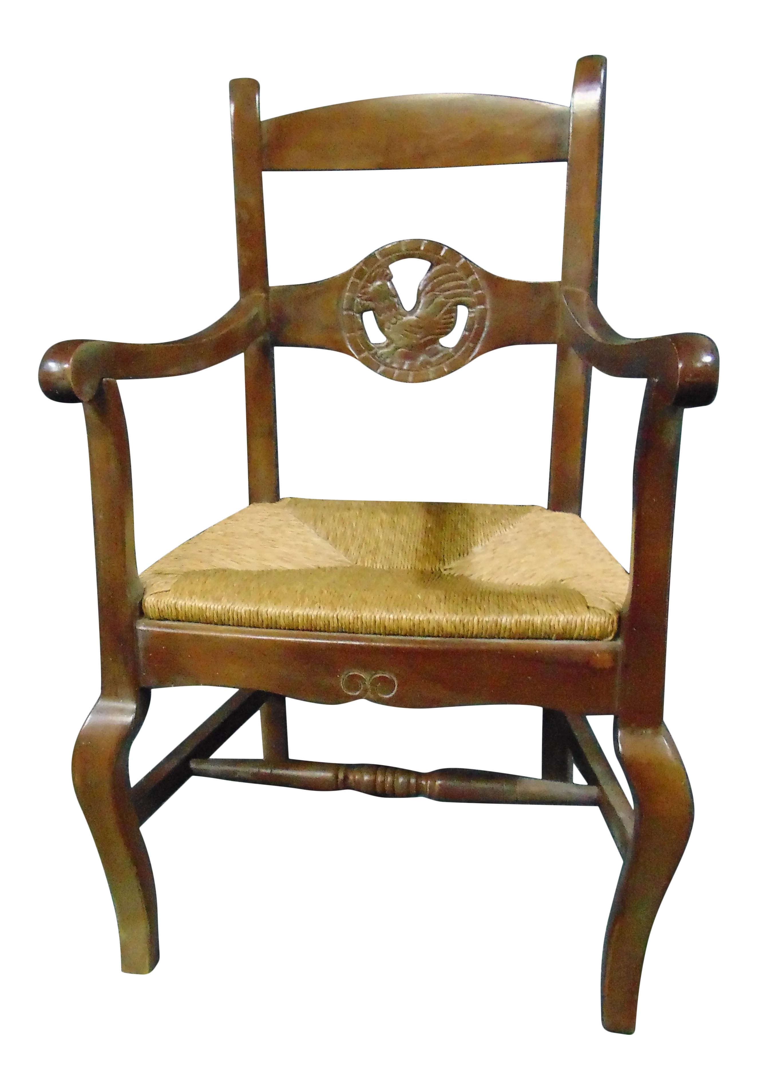 Country French Fruitwood Rooster Carved Rush Seat Arm Chair