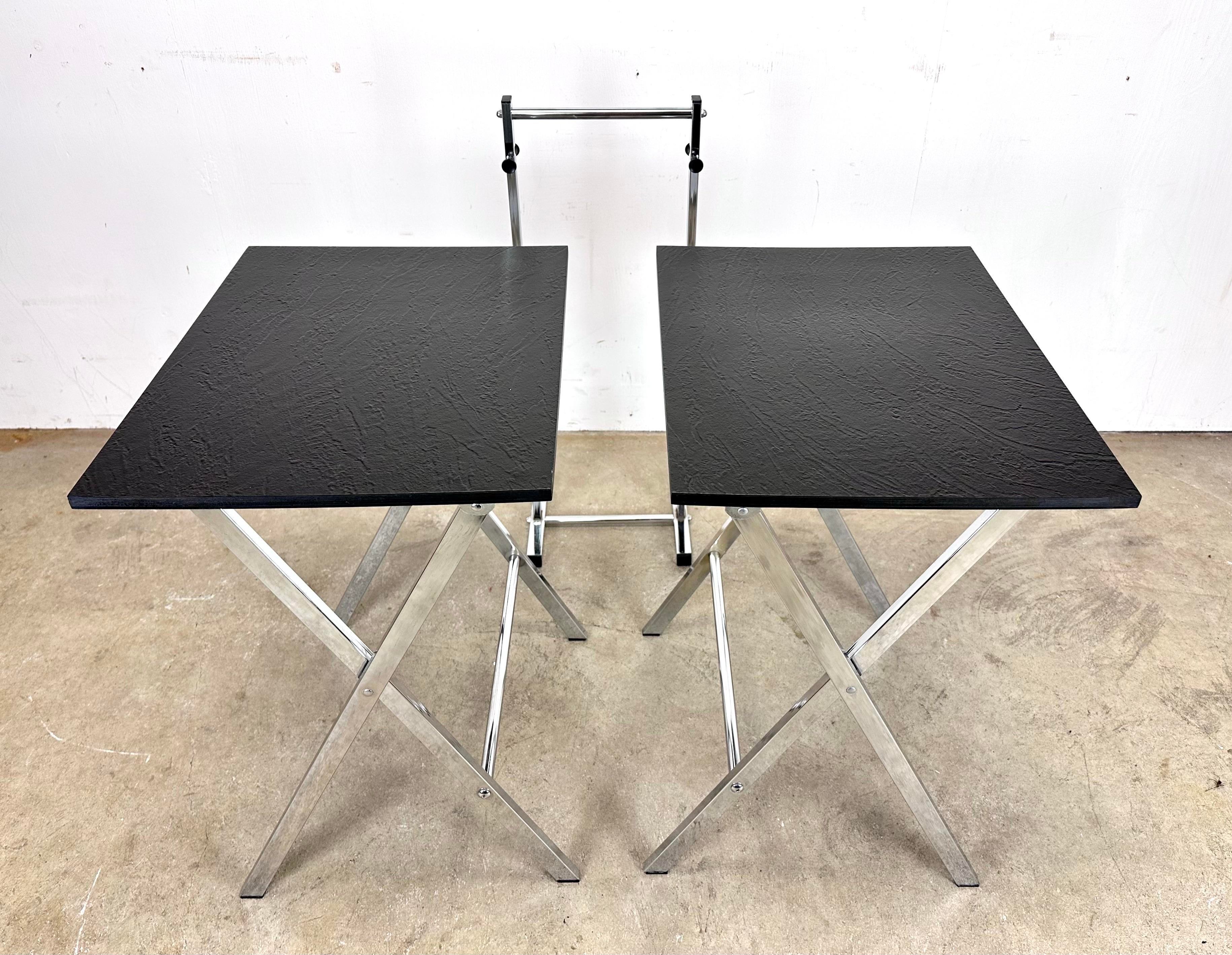 Vintage 1970's Modern Folding Chrome Faux Slate Tray Tables
