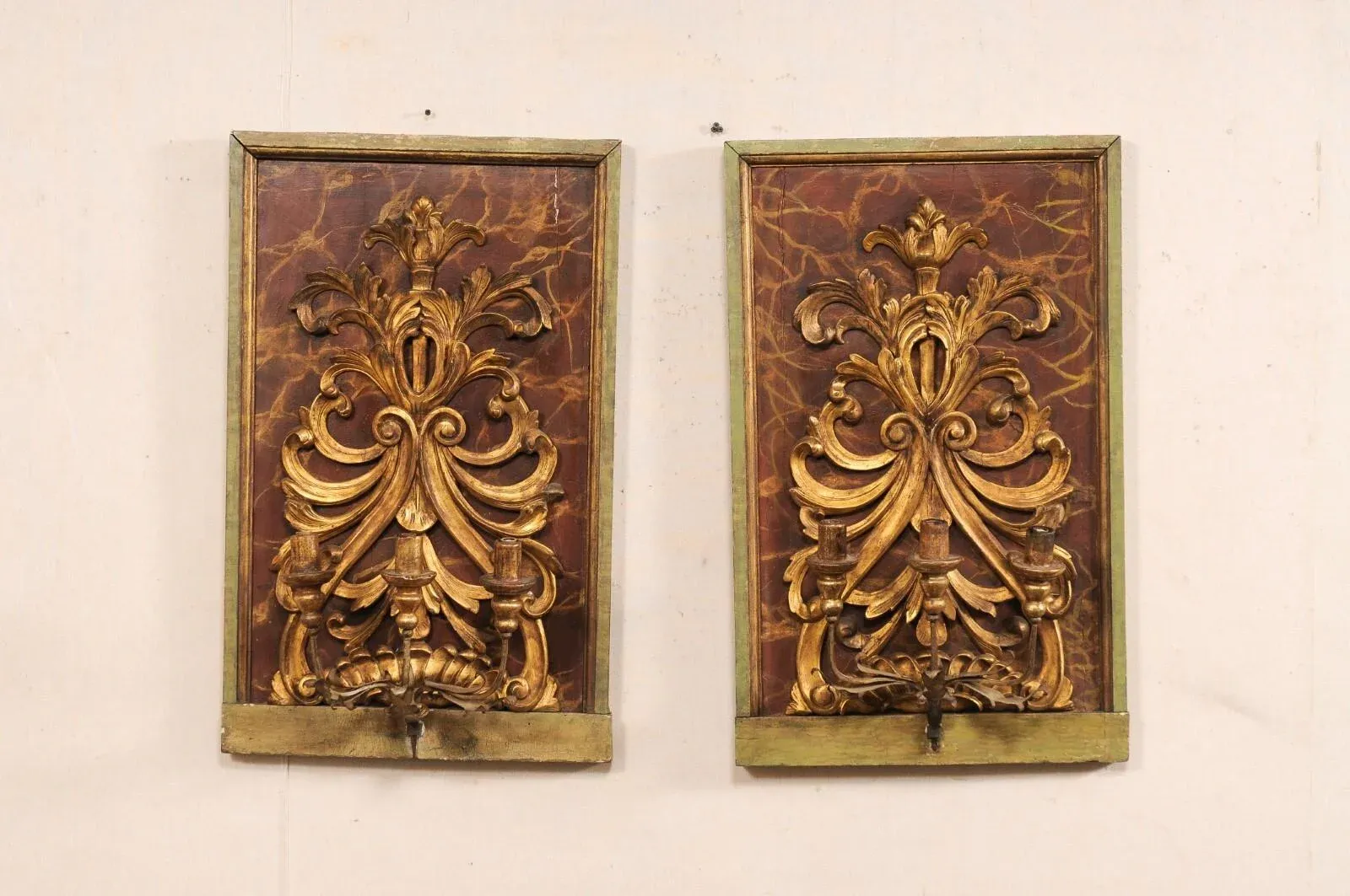 19th Century Fragment Mounted 3-Light Sconces - a Pair