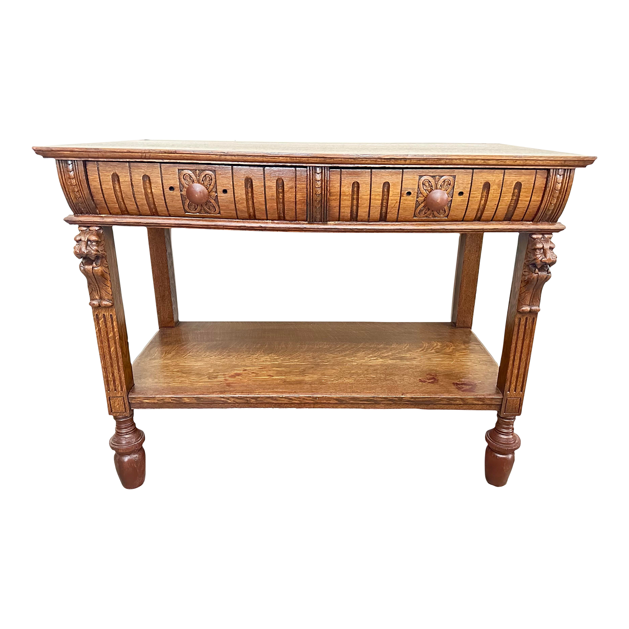 Antique 19th Century Quarter-Sawn (Tiger) Oak Library Table With Lion Face Carvings